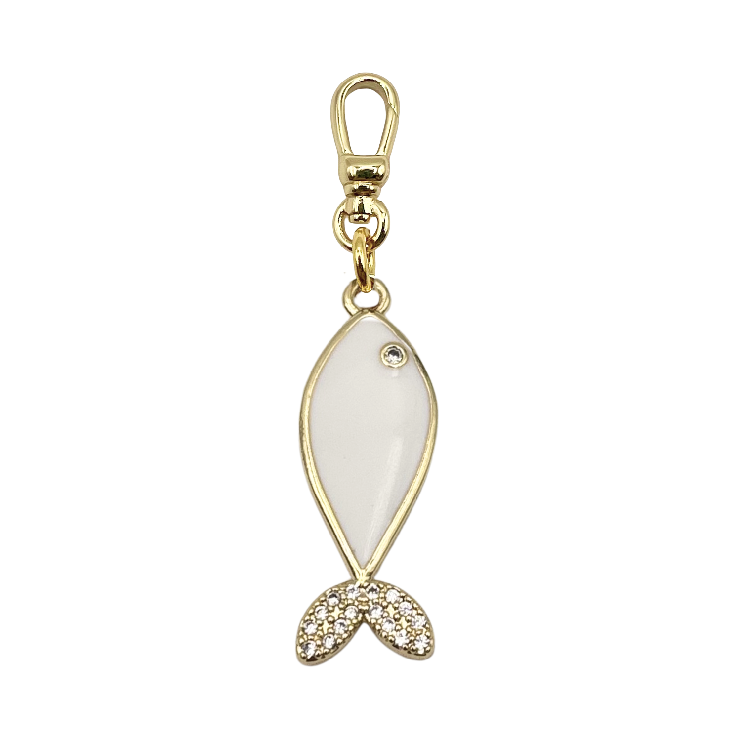 White enamel fish with rhinestone pave encrusted details with gold charm clip by HOLST+LEE