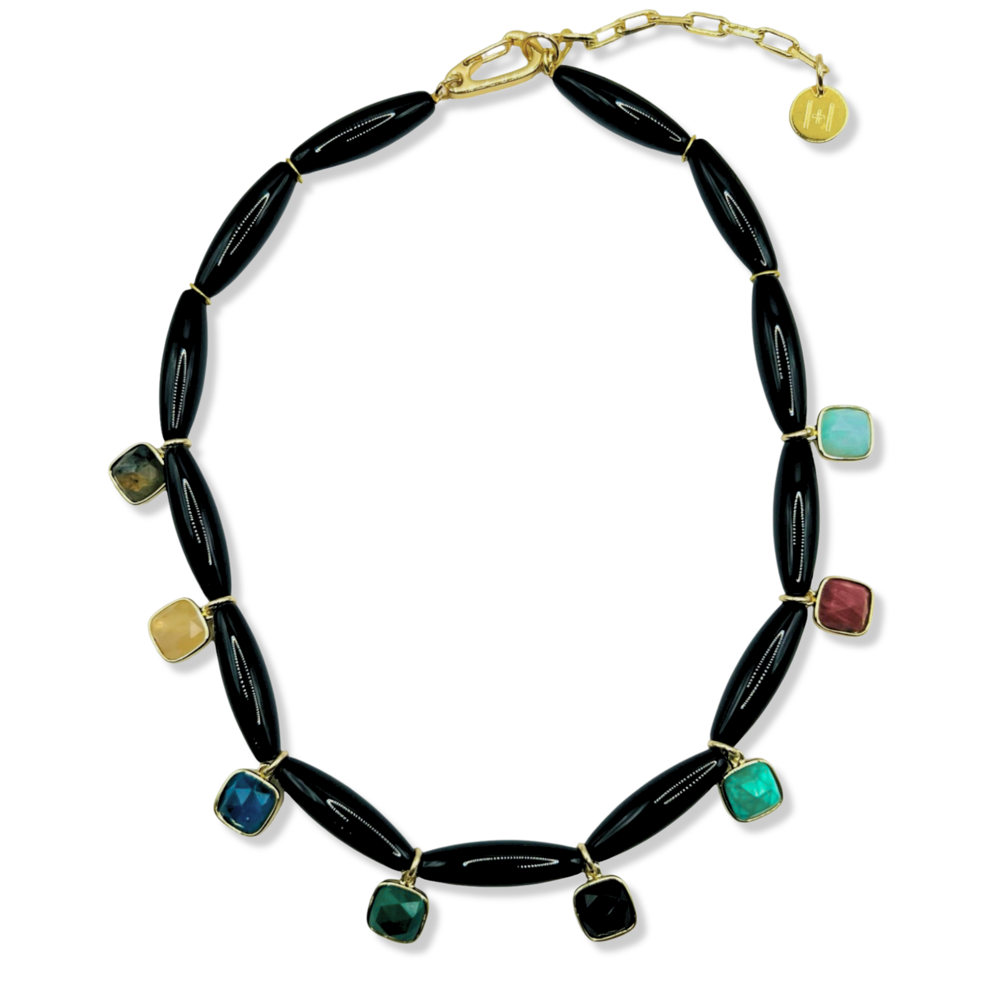 Black onyx beaded necklace with multicolor gemstone square pendants by HOLST+LEE