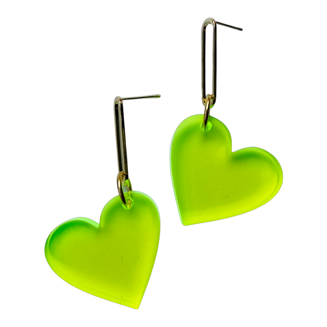 Neon Heart Drop Earrings Lime