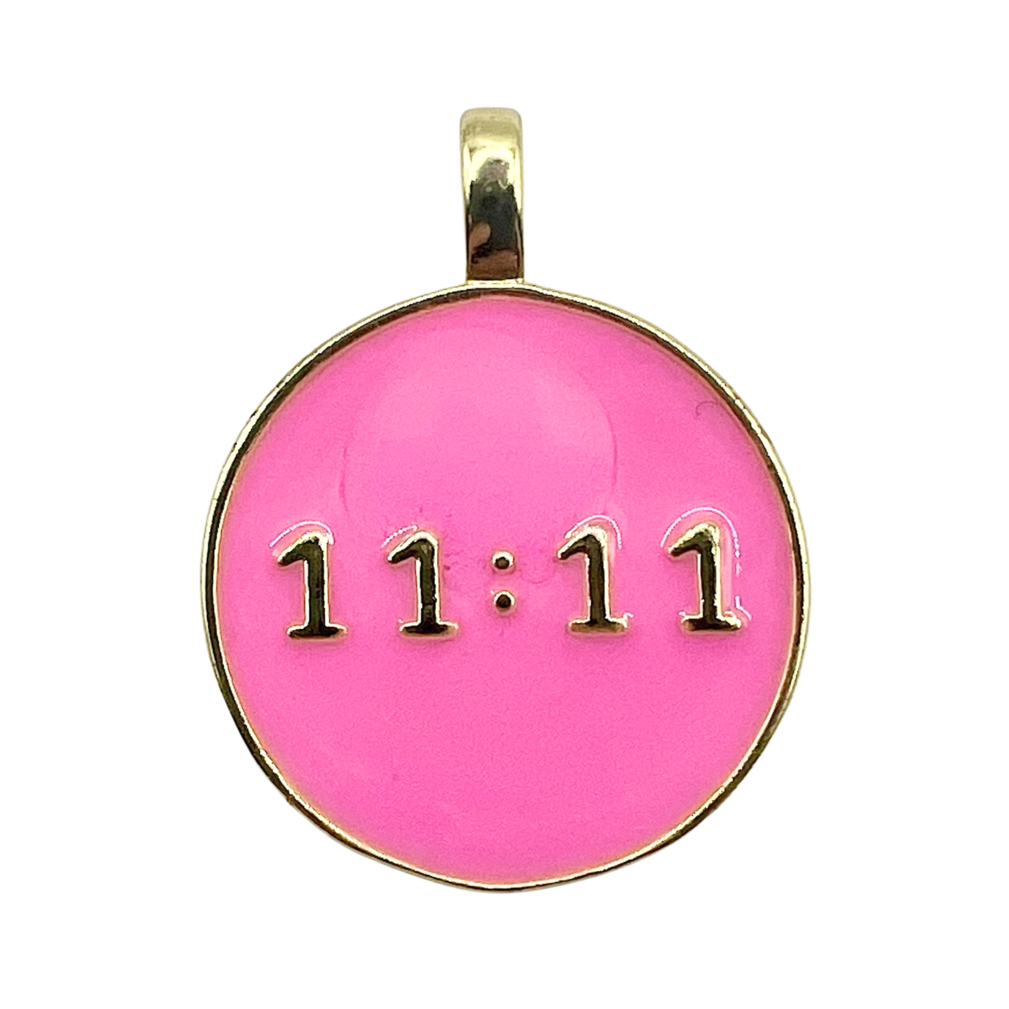 Pink enamel 11:11 angel number charm with gold text by HOLST+LEE