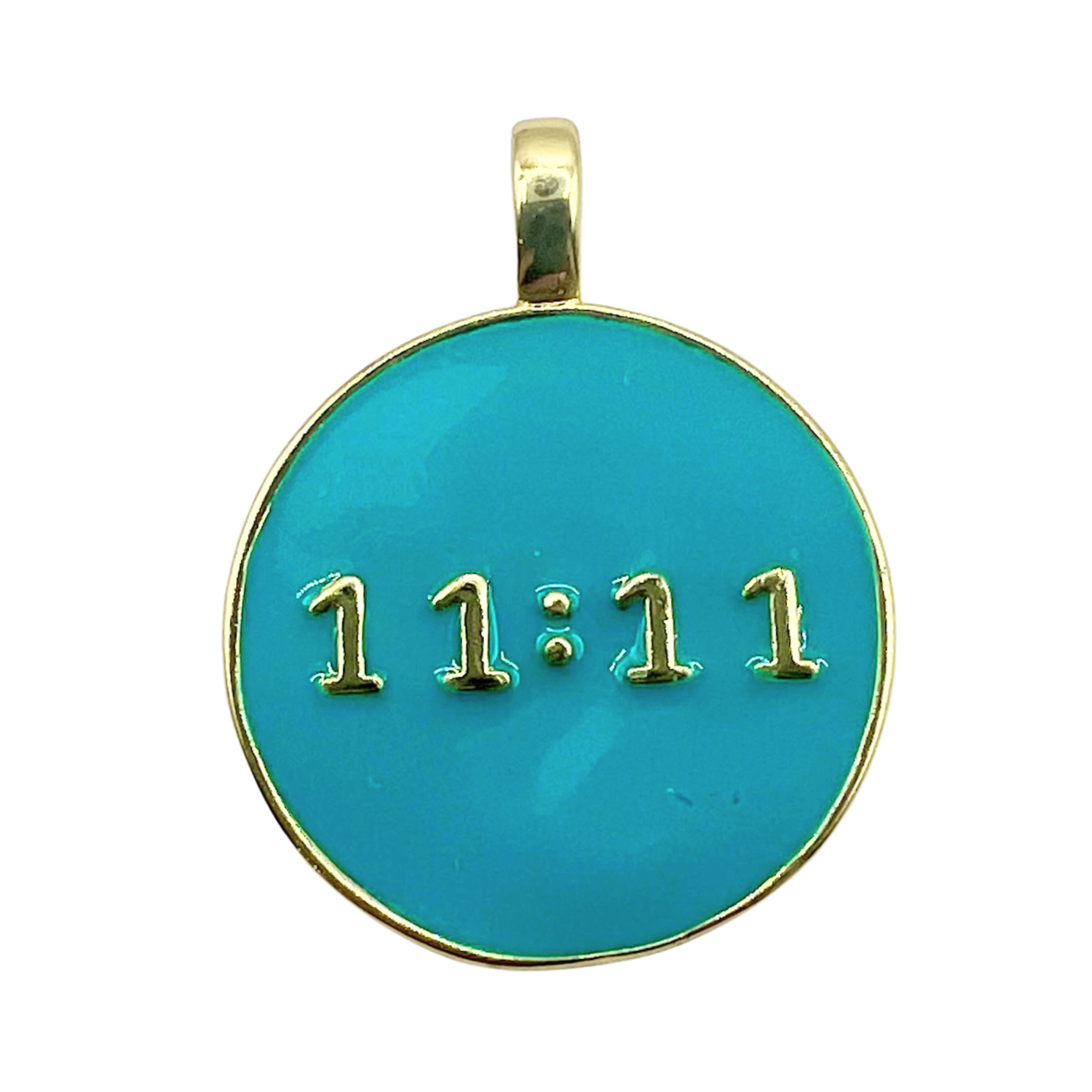 Turquoise enamel 11:11 angel number charm with gold text by HOLST+LEE