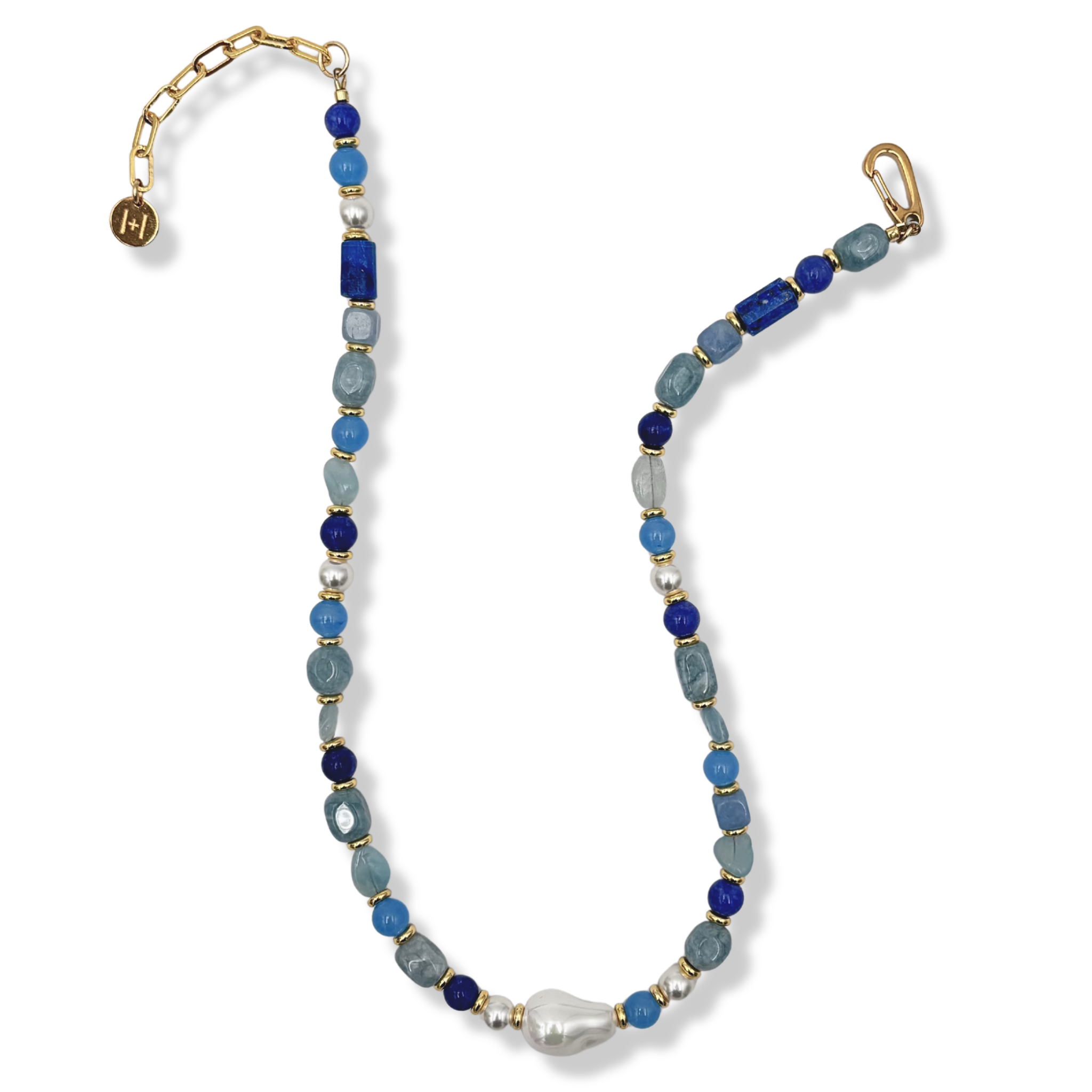 Blue gemstone and pearl beaded necklace with gold accents and lever clasp by HOLST+LEE