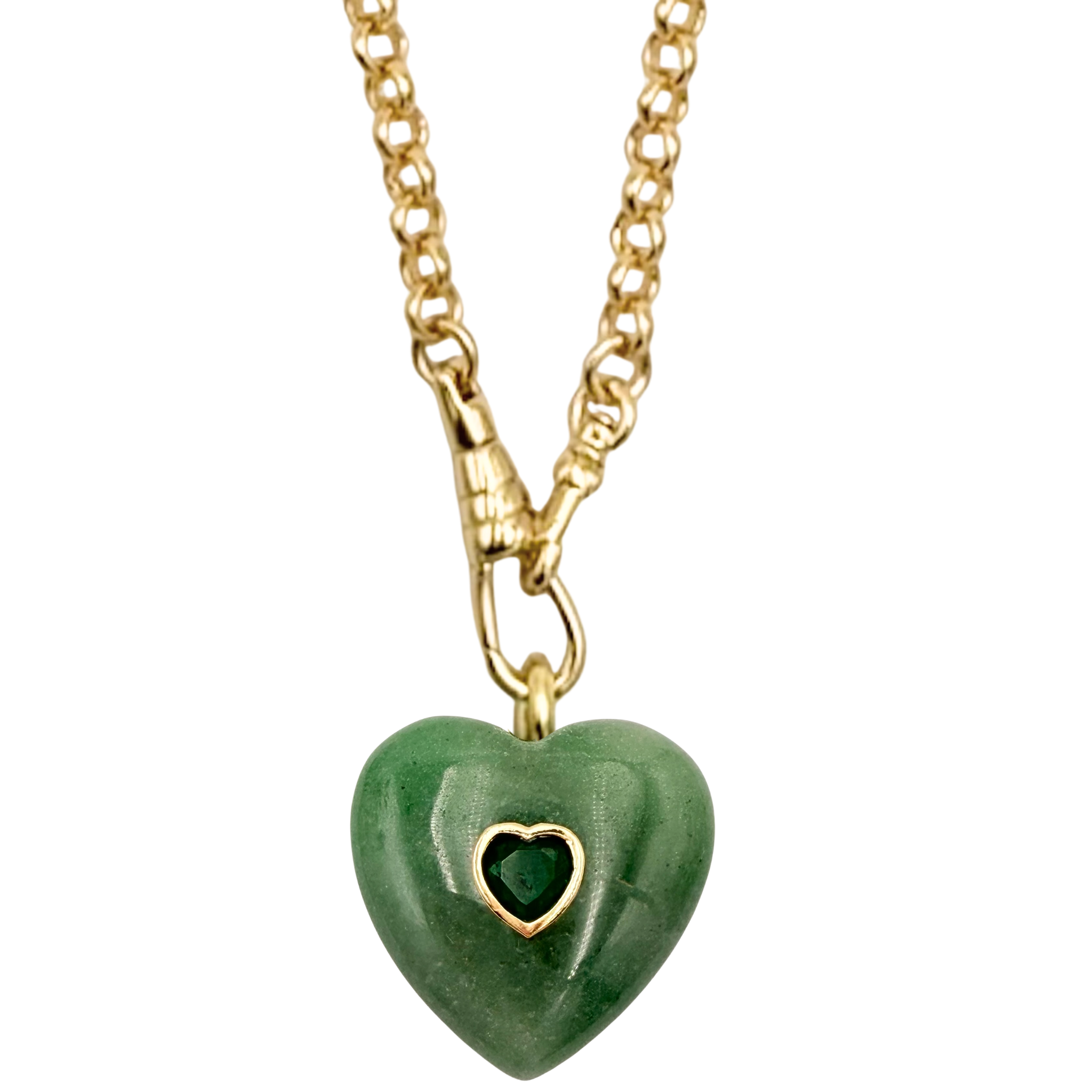 Gold rolo chain necklace with green aventurine heart pendant by HOLST+LEE