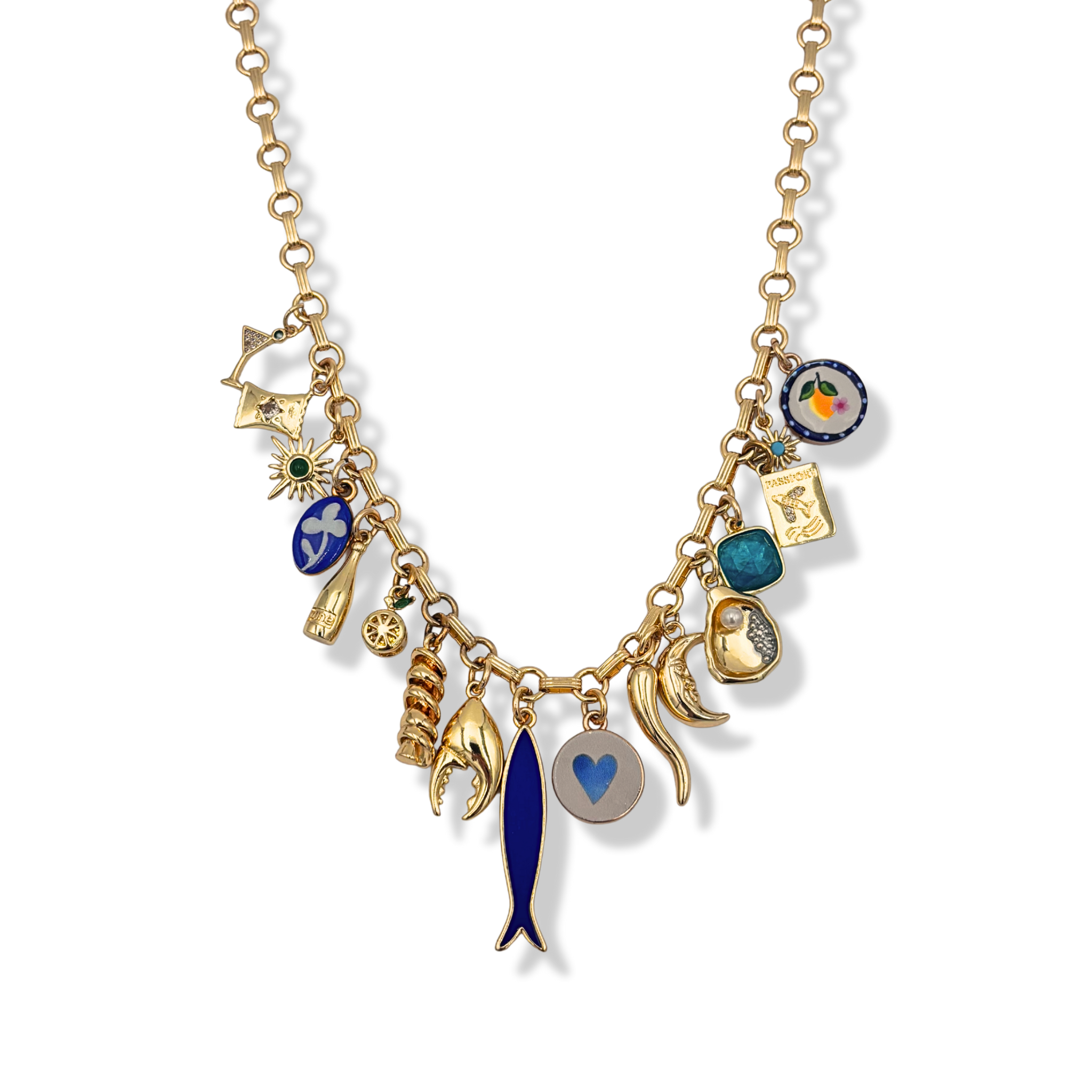 Vintage gold chain charm necklace with Italian-themed lobster claw, fish, cornicello, and enamel pendants by HOLST+LEE