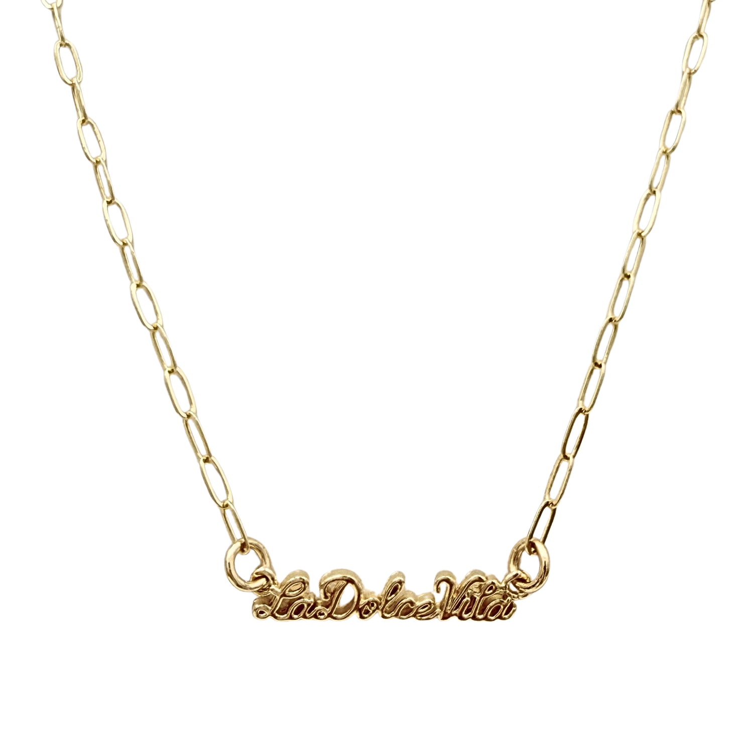 Gold delicate paperclip chain necklace with La Dolce Vita script pendant by HOLST+LEE