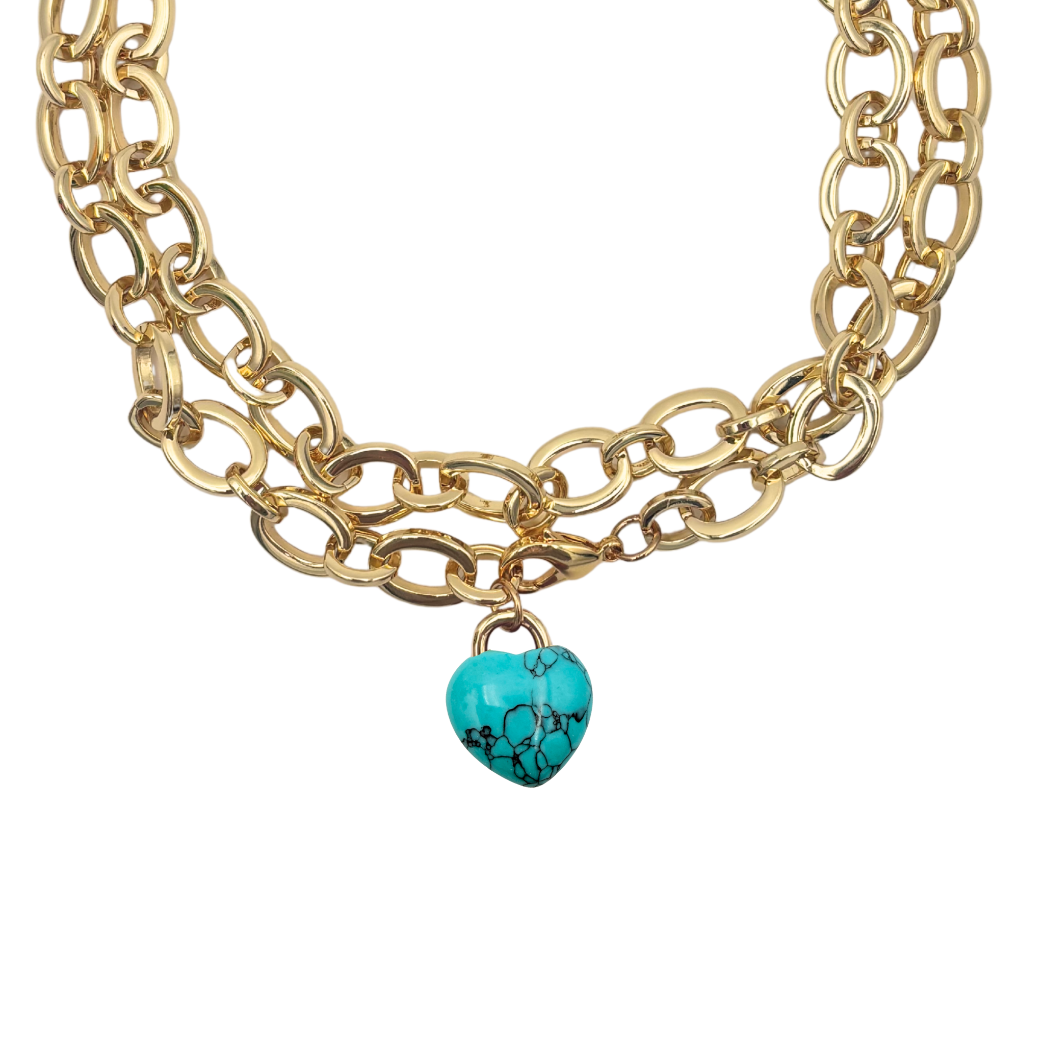 Chunky gold oval chain link necklace with turquoise heart pendant by HOLST+LEE