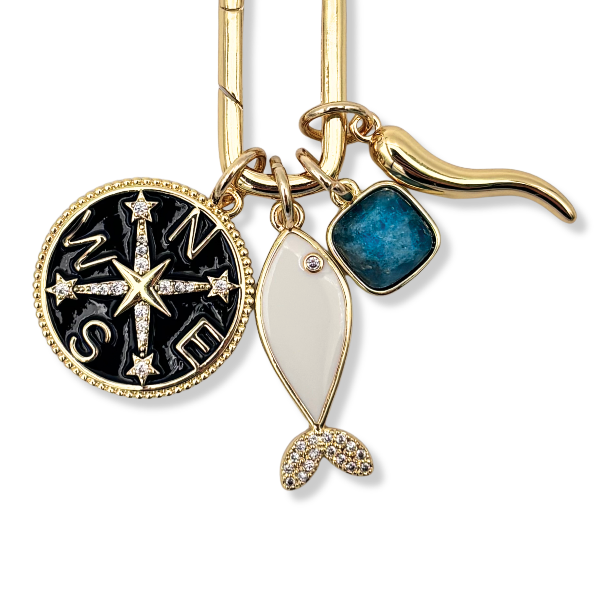 Close-up of black compass, white fish, turquoise, and cornicello charms by HOLST+LEE