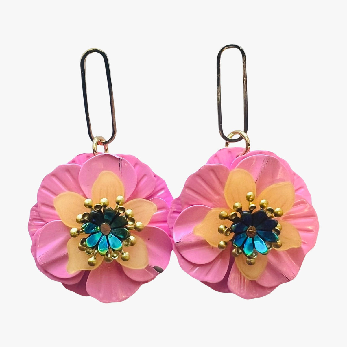 Metal Flower Drop Earrings Pink