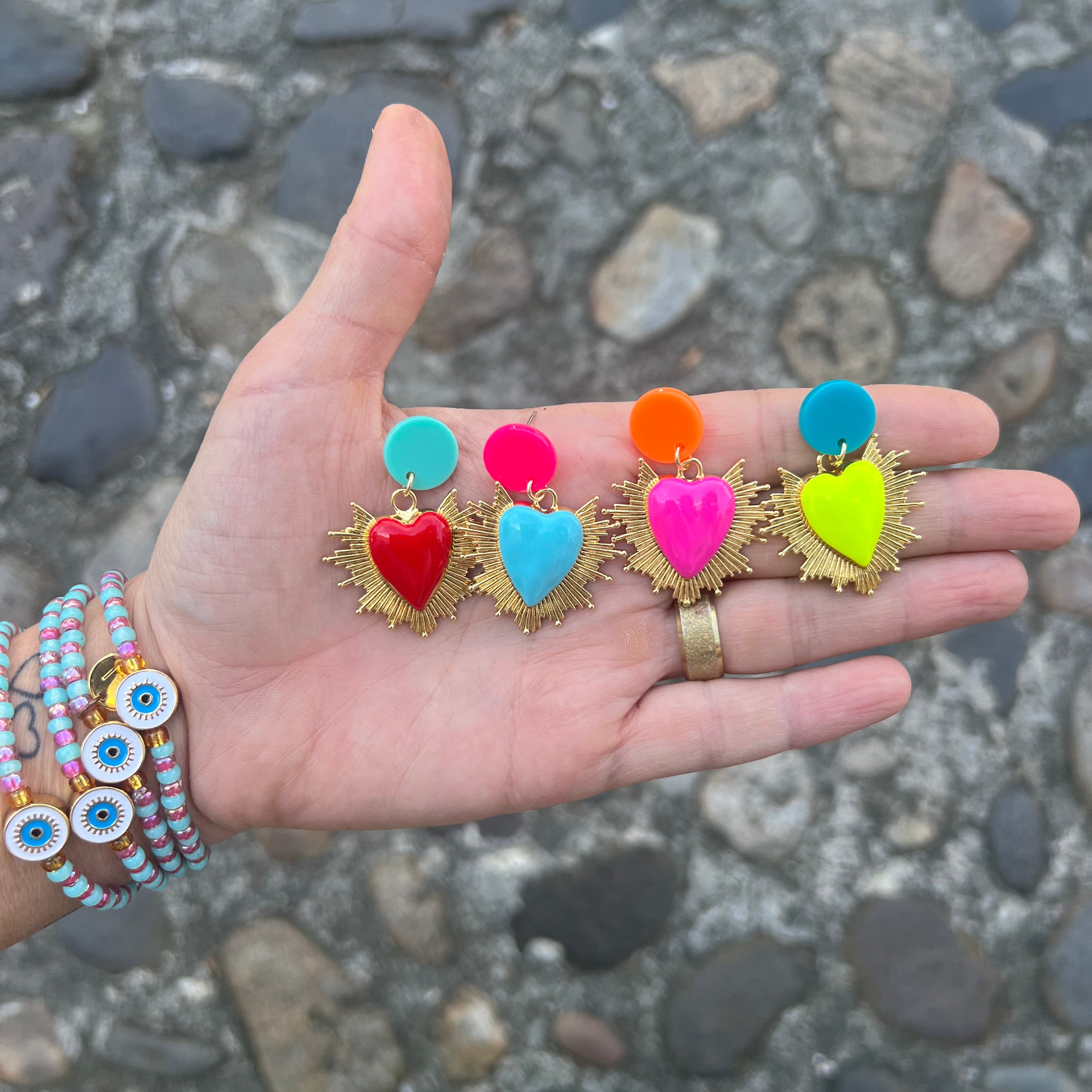 Neon Sacred Heart Earrings Pink and Orange