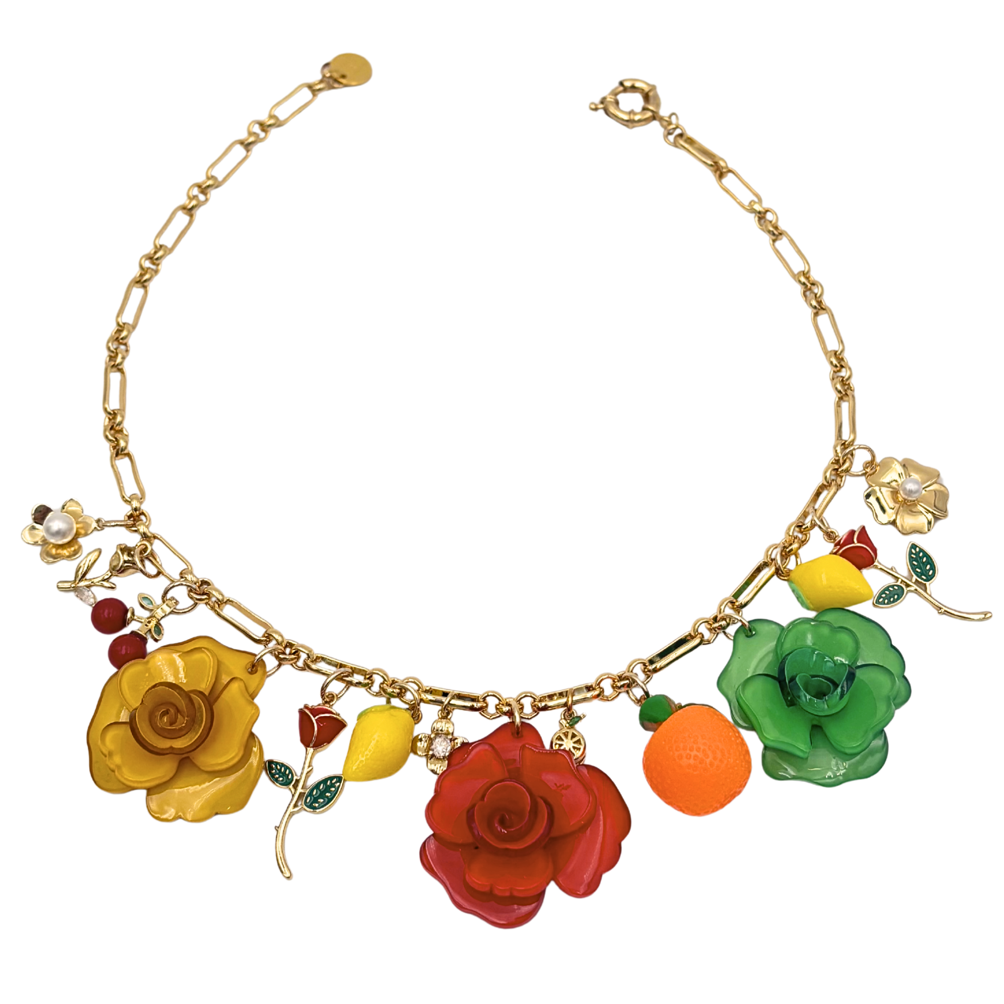 Gold link chain necklace with colorful floral and fruit enamel charms by HOLST+LEE Charm Necklace
