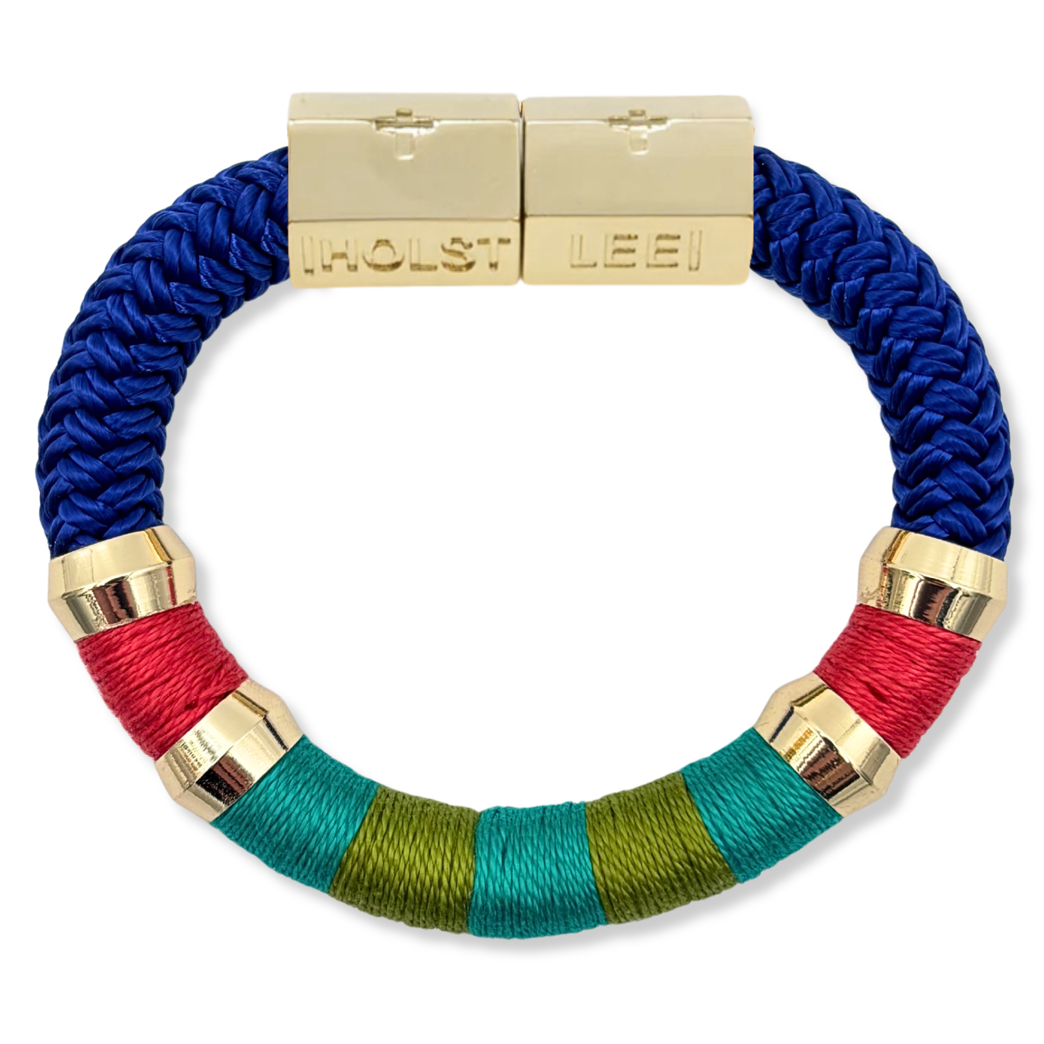 Blue braided rope bracelet with gold magnetic clasped bracelet and gold  ferrules by HOLST+LEE 