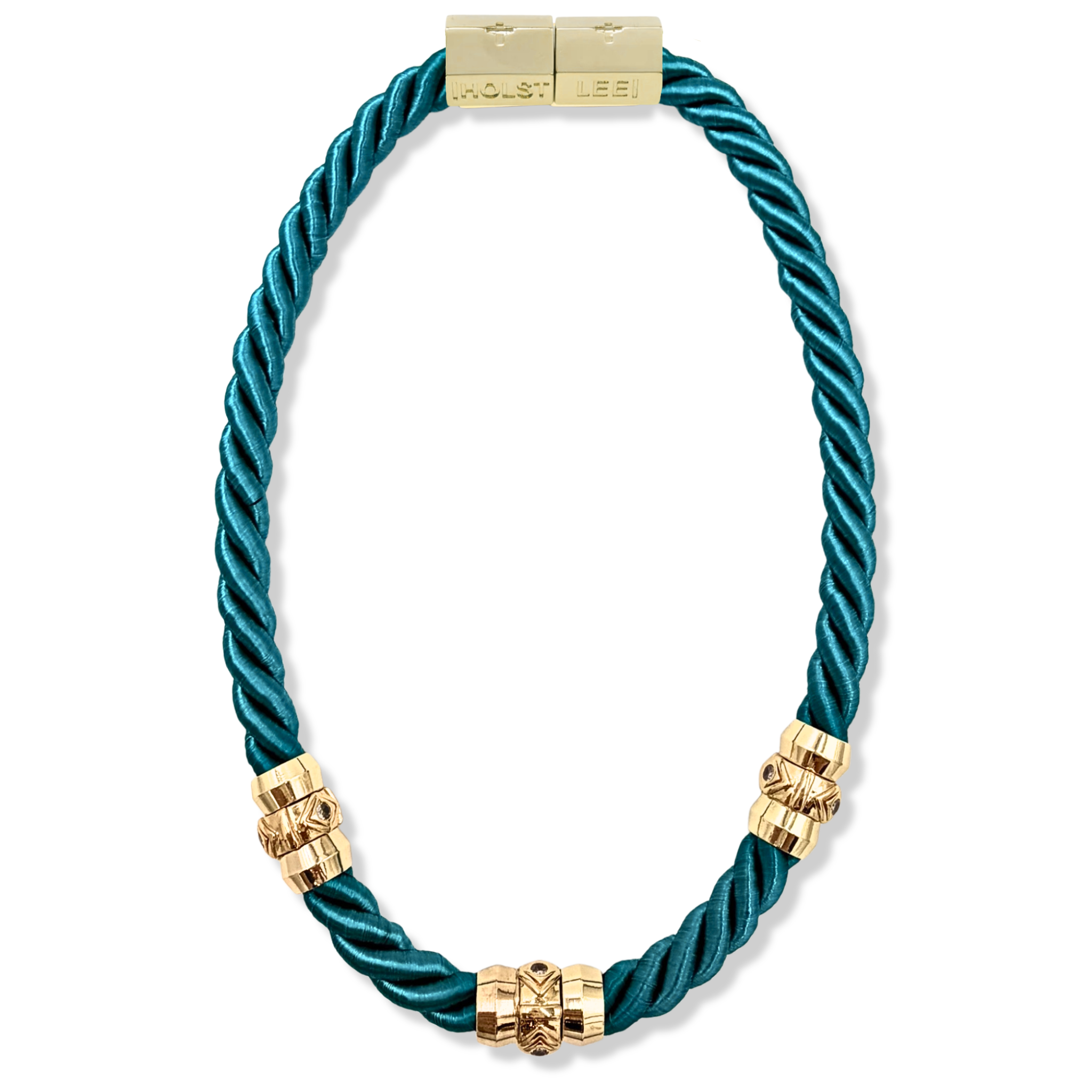 Blue twisted rope necklace with 18K gold-filled magnetic clasped necklace and pavé crystal ferrules by HOLST+LEE