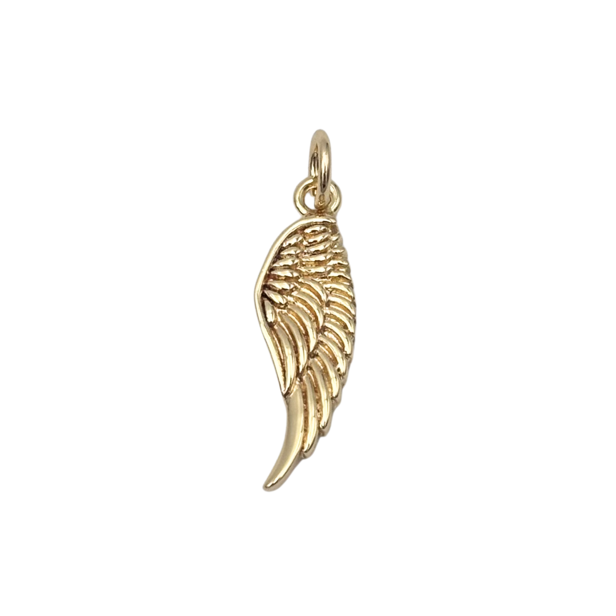 Gold angel wing charm with engraved feather detail by HOLST+LEE