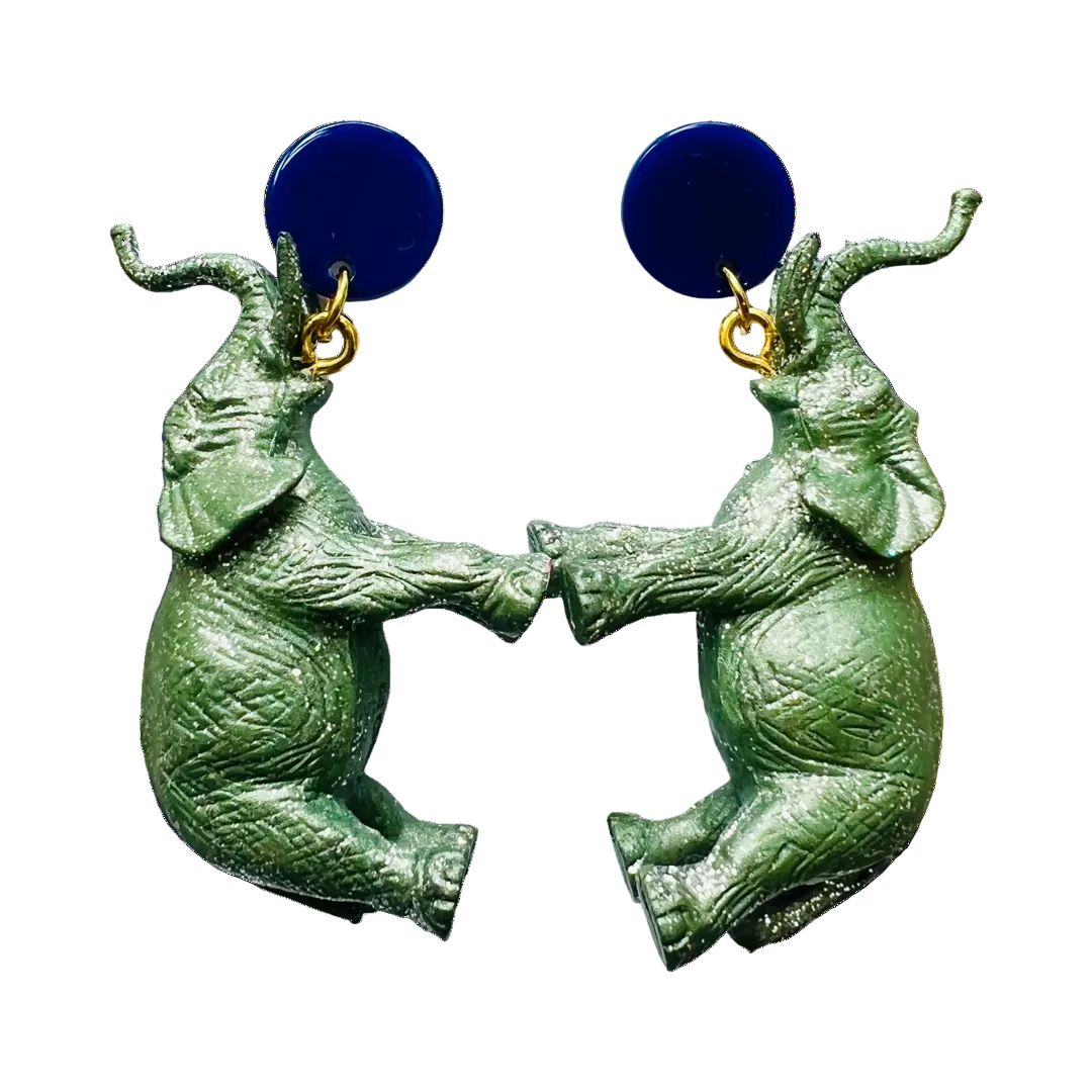 Green glitter elephant dangle earrings with navy circle stud tops by HOLST+LEE