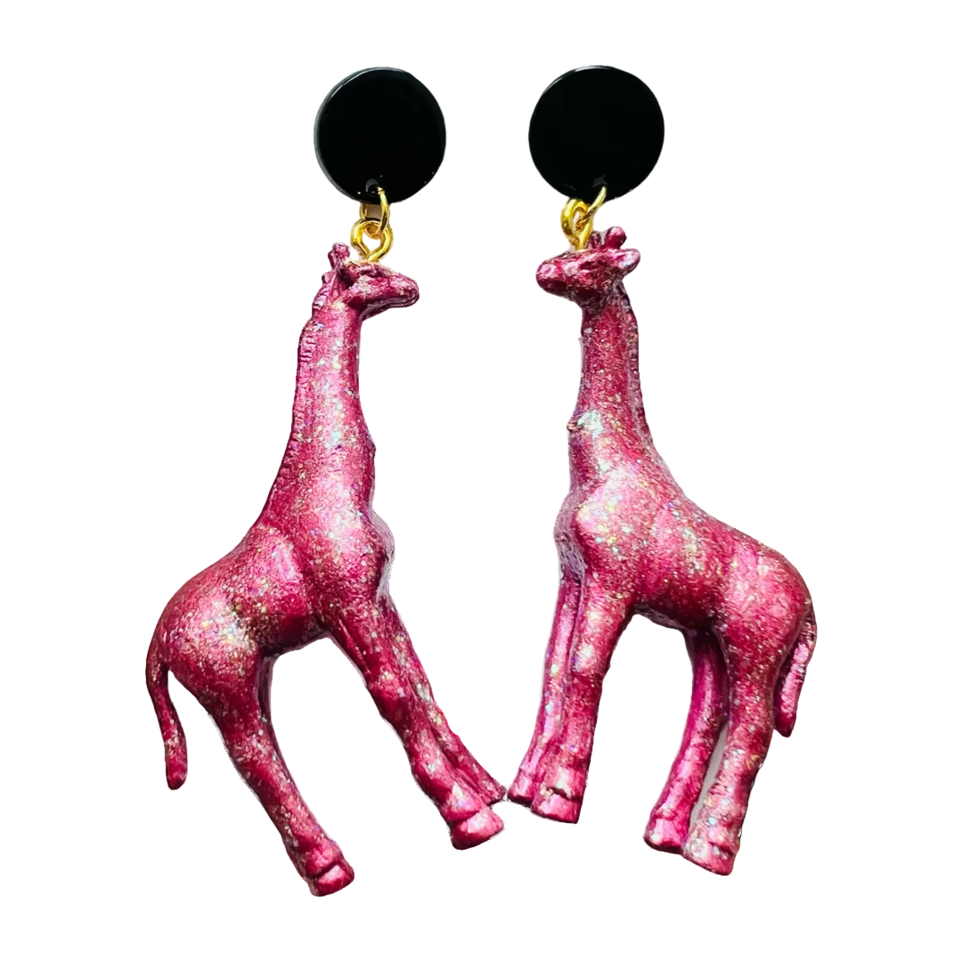 Hot pink glitter giraffe dangle earrings with black circle stud tops by HOLST+LEE