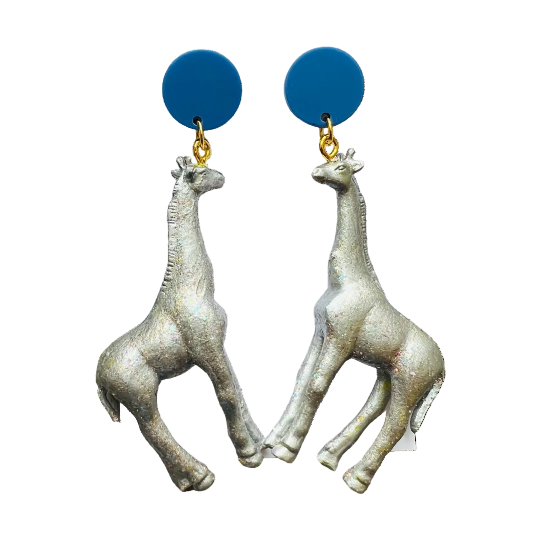 Silver glitter giraffe dangle earrings with blue circle stud tops by HOLST+LEE
