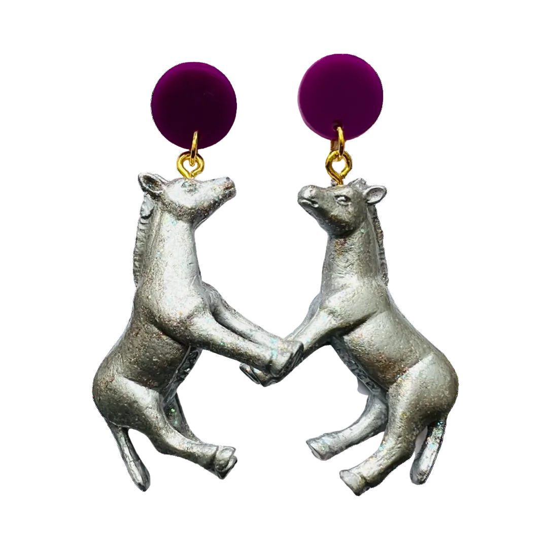 Silver glitter giraffe dangle earrings with purple circle stud tops by HOLST+LEE