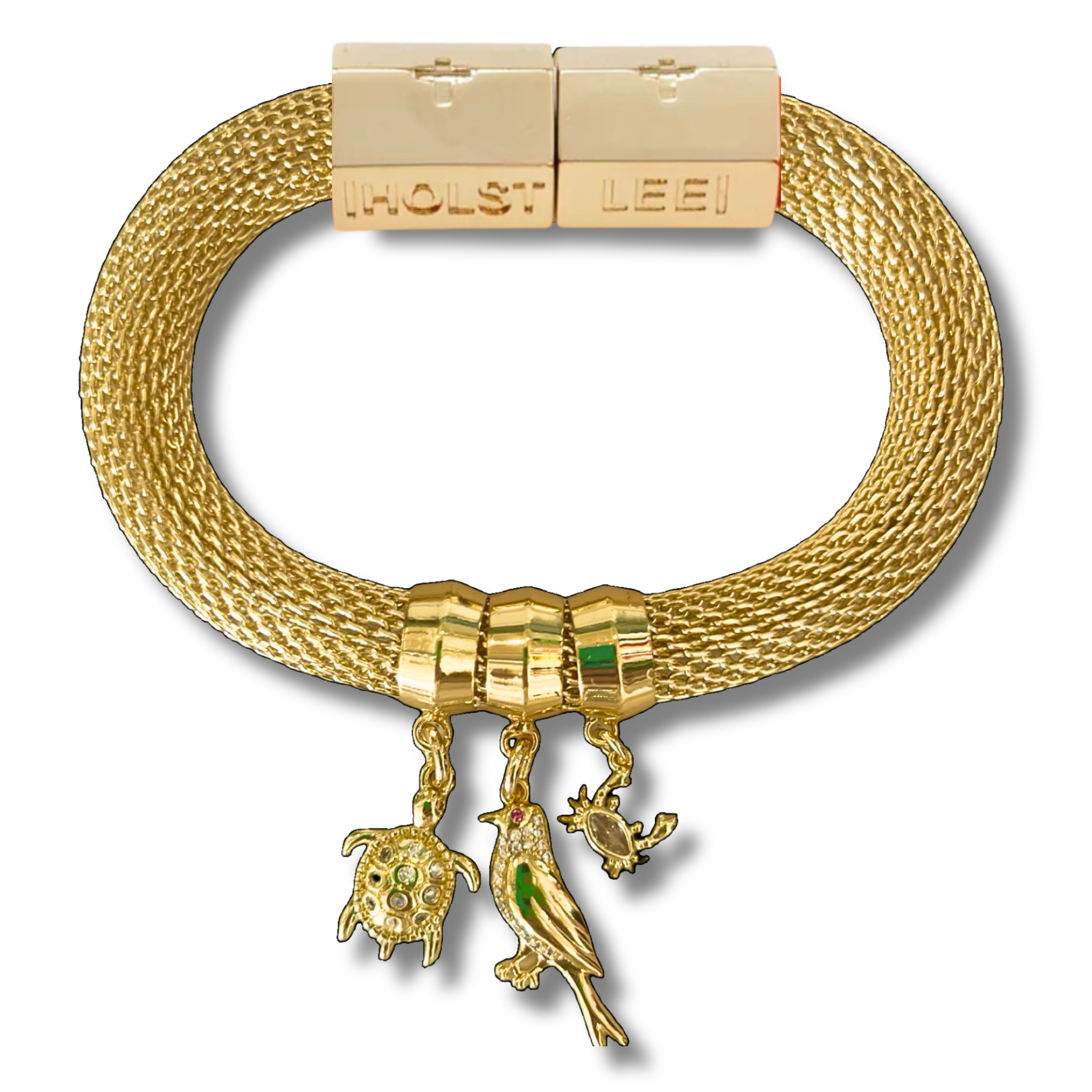 Gold woven mesh bracelet with 18K gold-filled magnetic clasped bracelet and ferrule accents by HOLST+LEE
