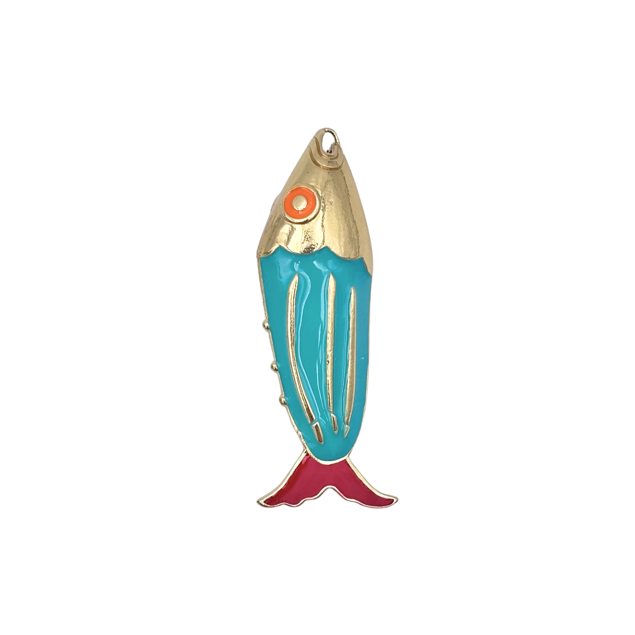 Antique turquoise enamel fish pendant with and orange eye detail by HOLST+LEE