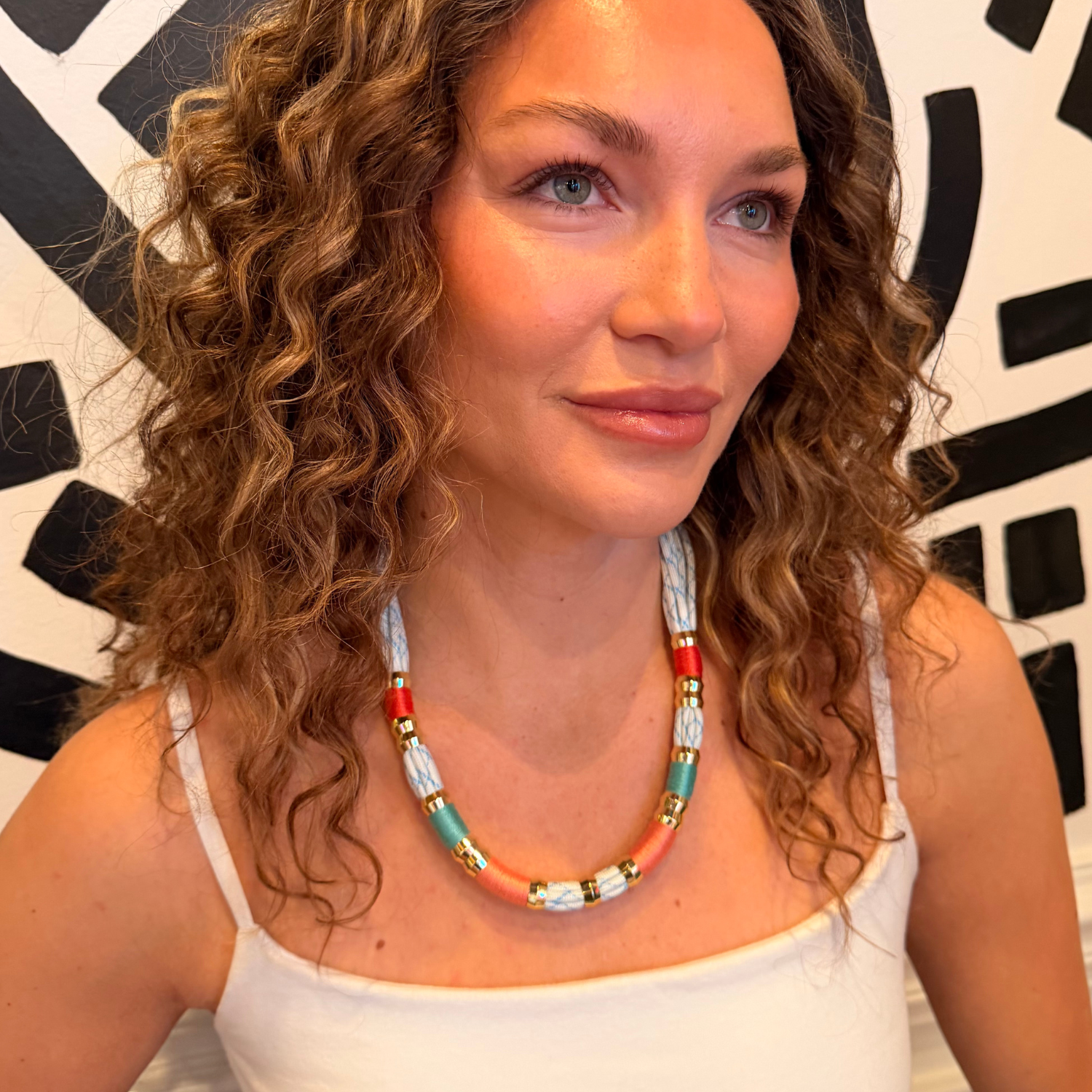 AperolColorblockNeckalce-signaturemagneticclasp-onmodel