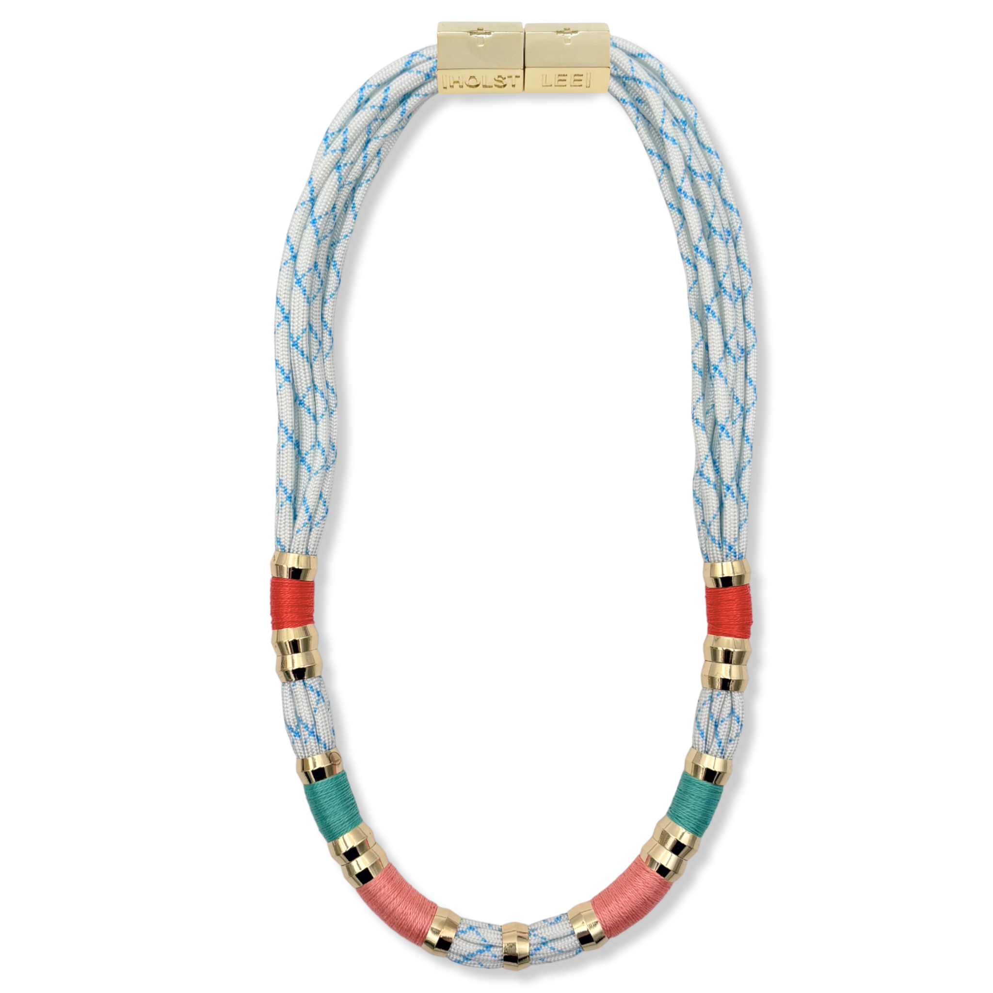 White and blue braided rope necklace with red, teal, and coral thread wrapped sections and gold ferrule accents by HOLST+LEE