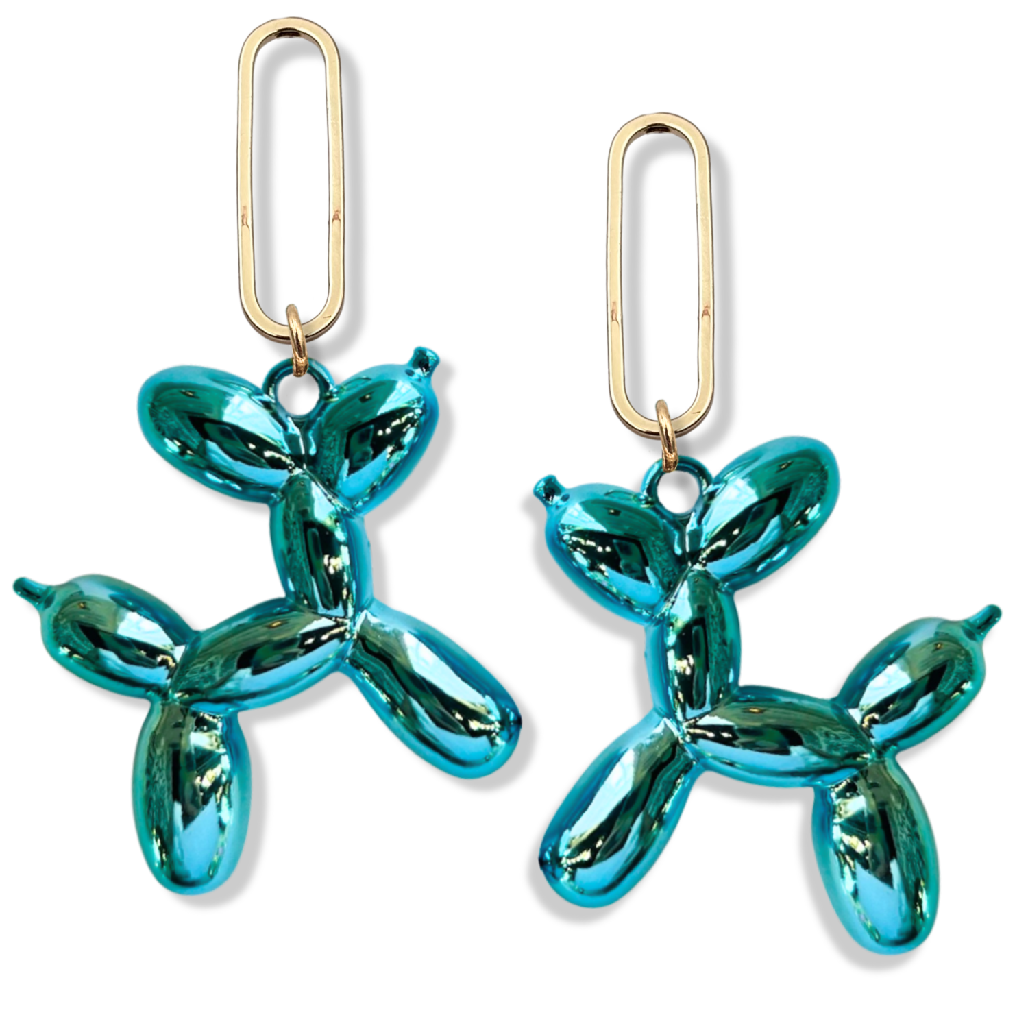 Metallic aqua blue balloon dog dangle earrings with gold paperclip oval link connector and high-shine chrome finish by HOLST+LEE