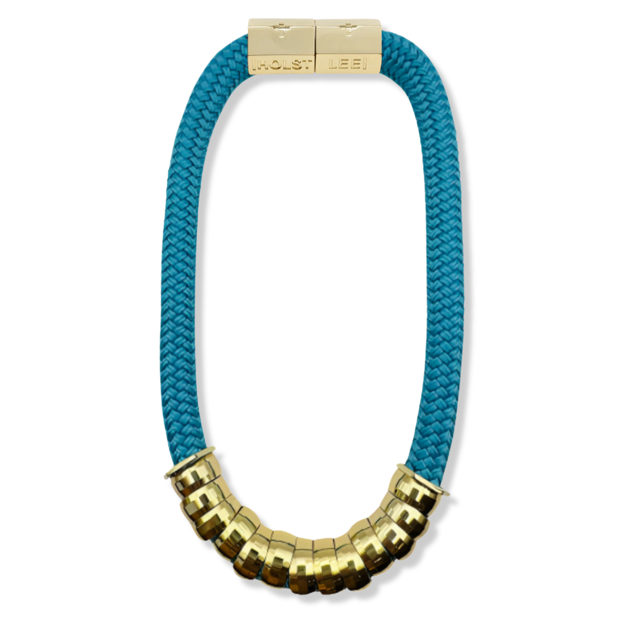 Aqua braided rope necklace with multicolor enamel and gold ferrule stack and gold magnetic clasped necklace by HOLST+LEE