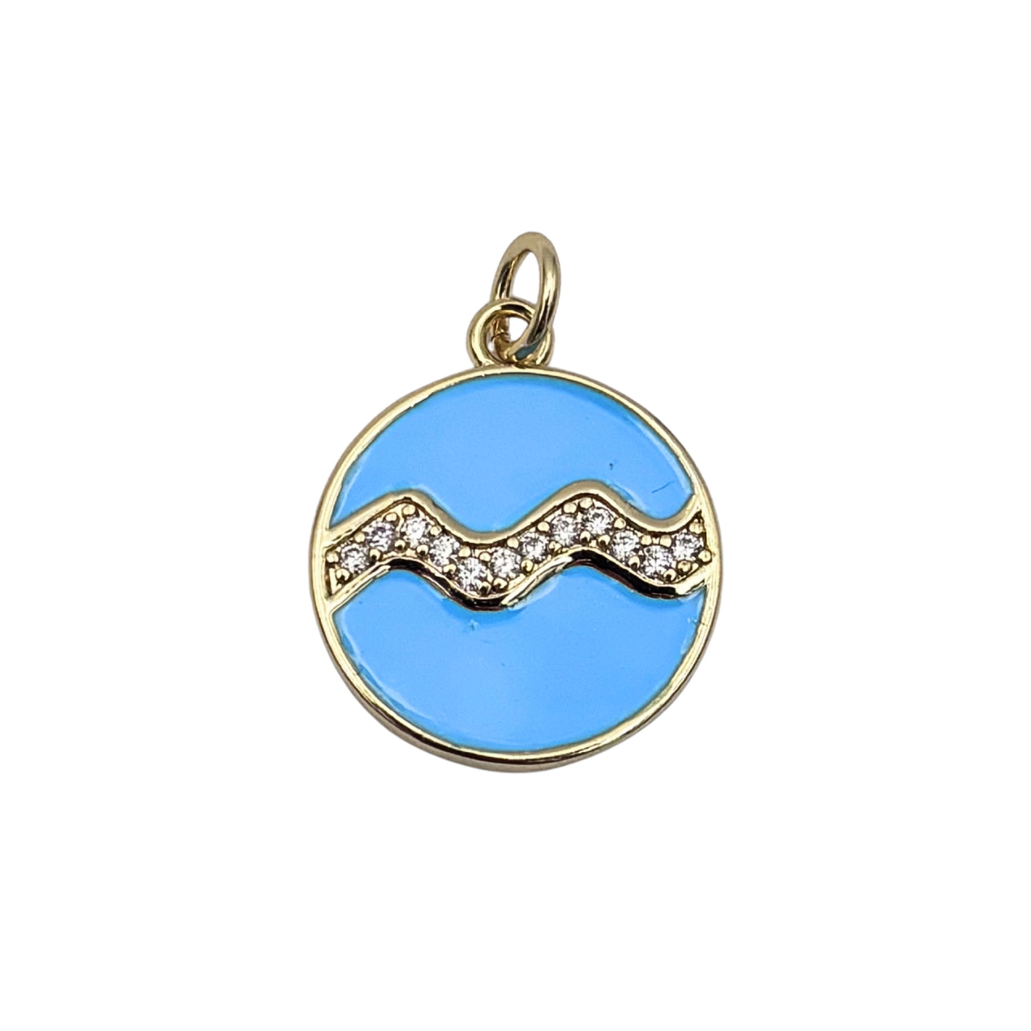 Aquarius zodiac charm pendant with sky blue enamel disc, gold water wave symbol, and crystal accent details by HOLST+LEE