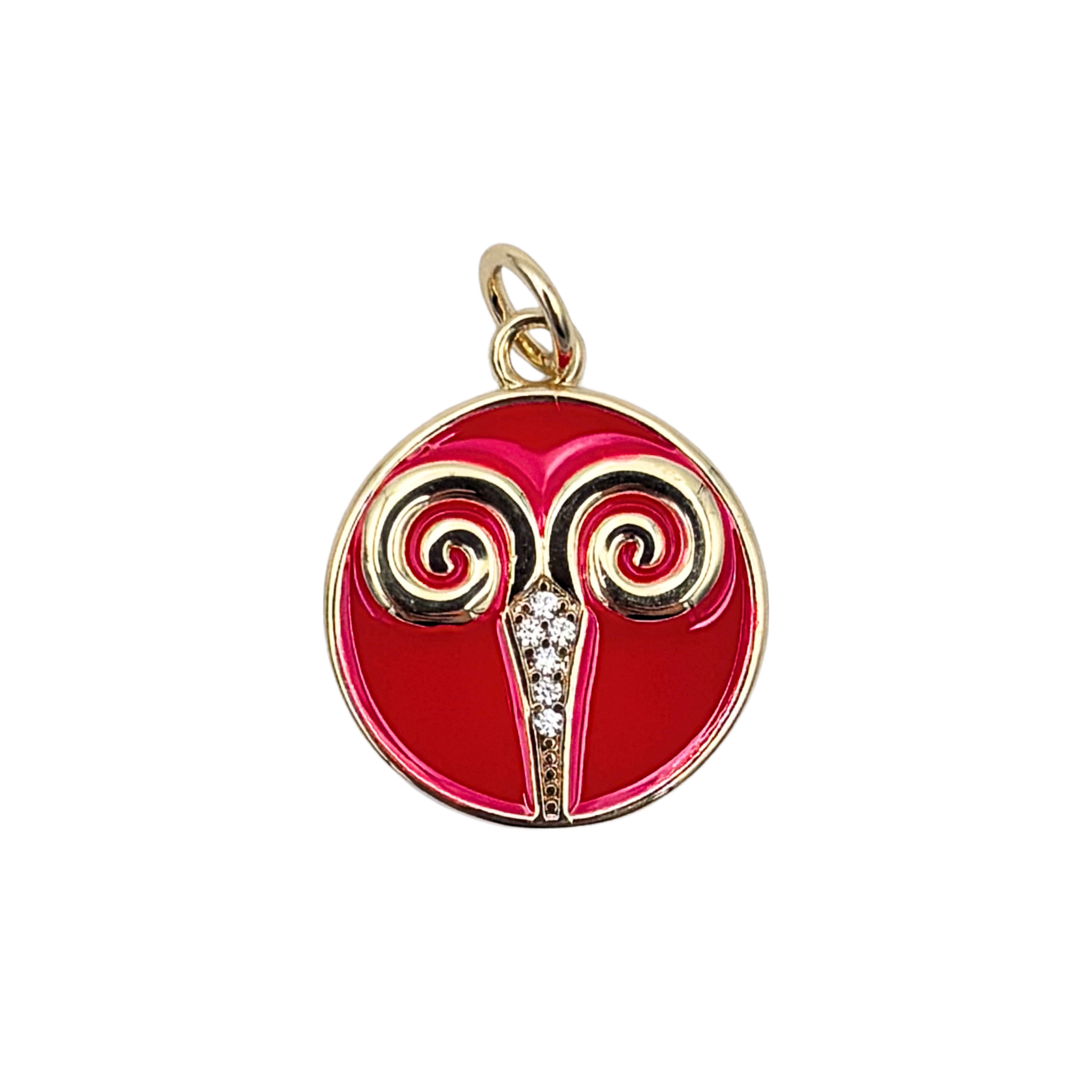 Aries zodiac charm with red enamel disc, gold ram symbol, and crystal accent details by HOLST+LEE