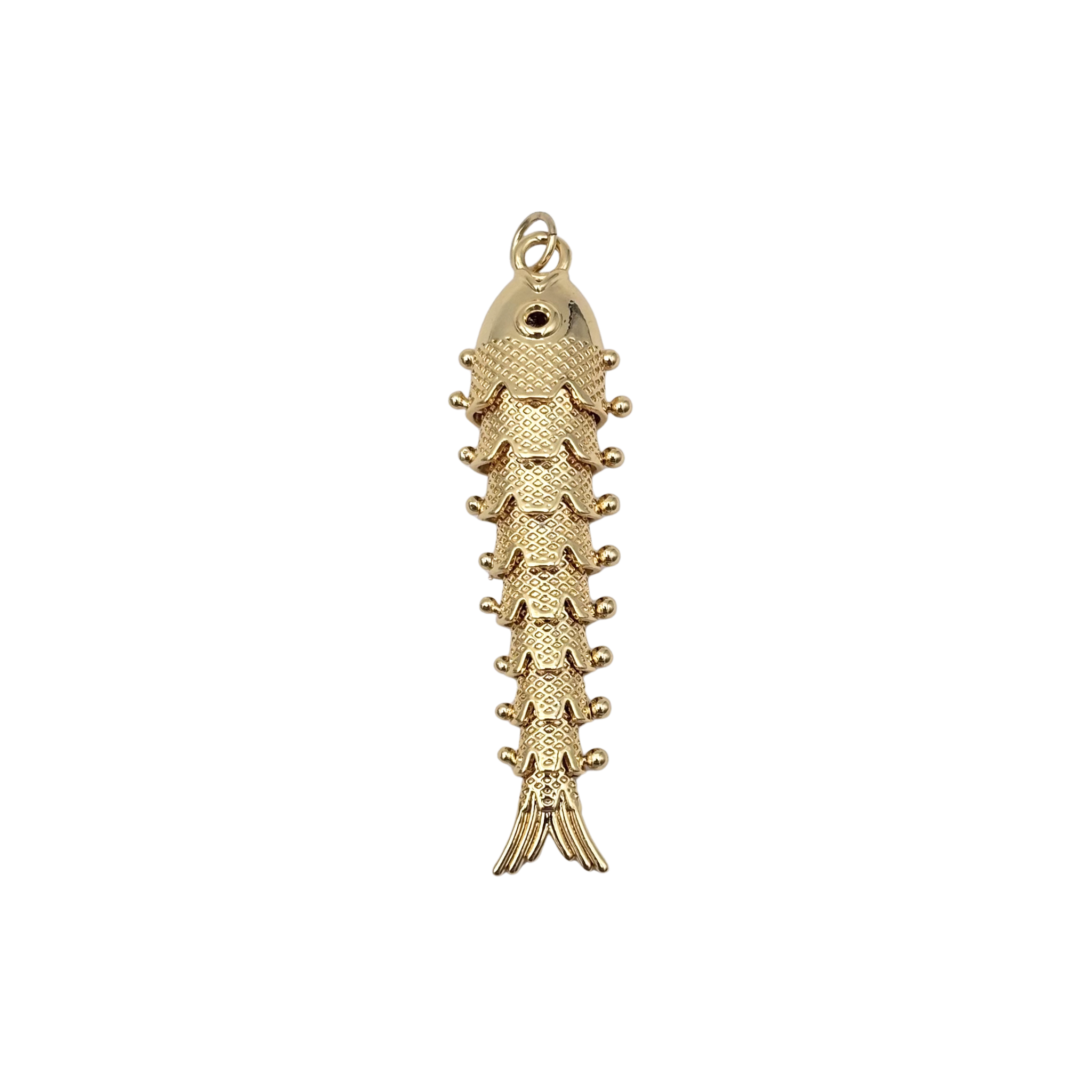 Articulated gold-tone fish pendant charm with segmented body and textured scale detail by HOLST+LEE