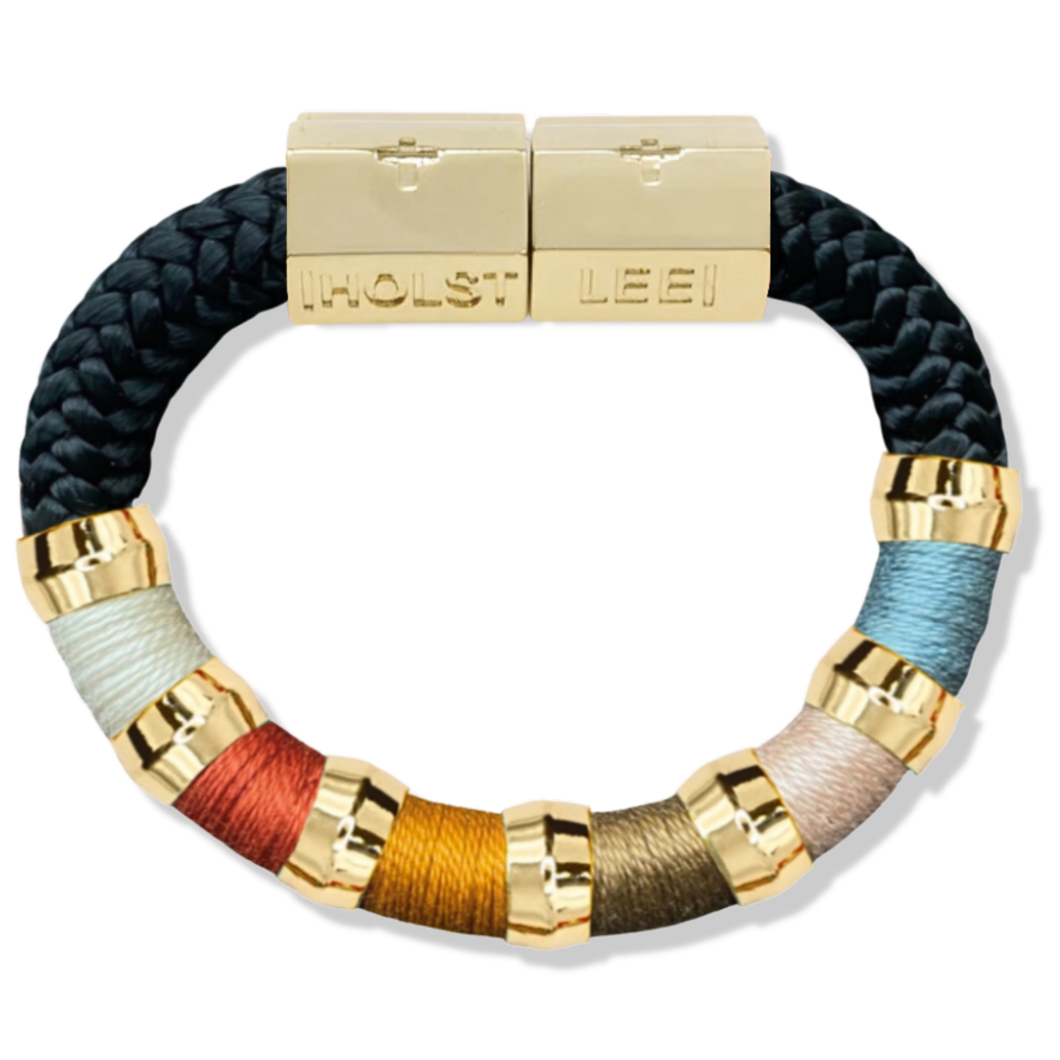 Black, orange, blue, cream, and yellow colorblock thread wrapped bracelet with gold magnetic clasped bracelet and gold ferrules by HOLST+LEE 