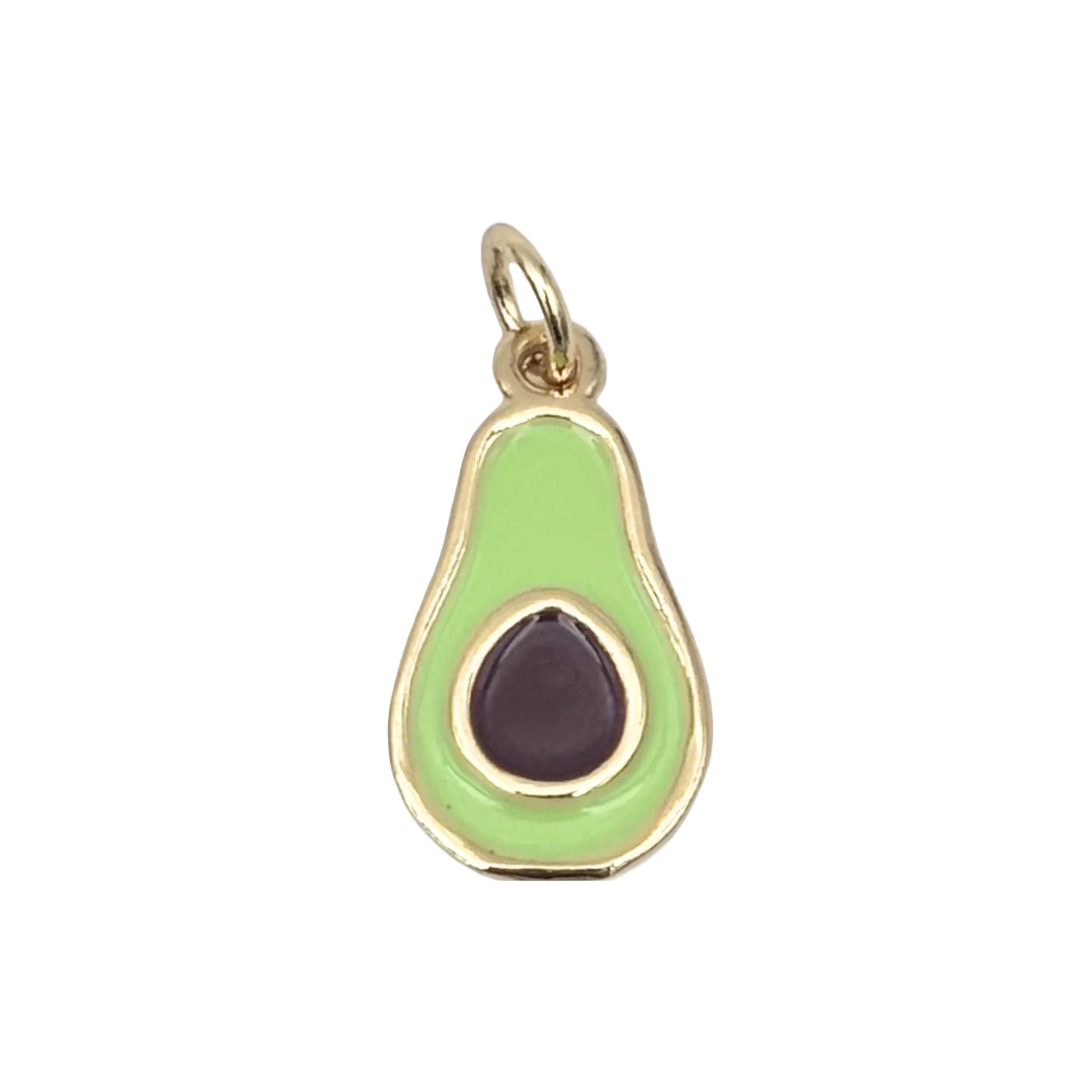 Gold avocado charm pendant with green enamel body and dark brown pit detail by HOLST+LEE