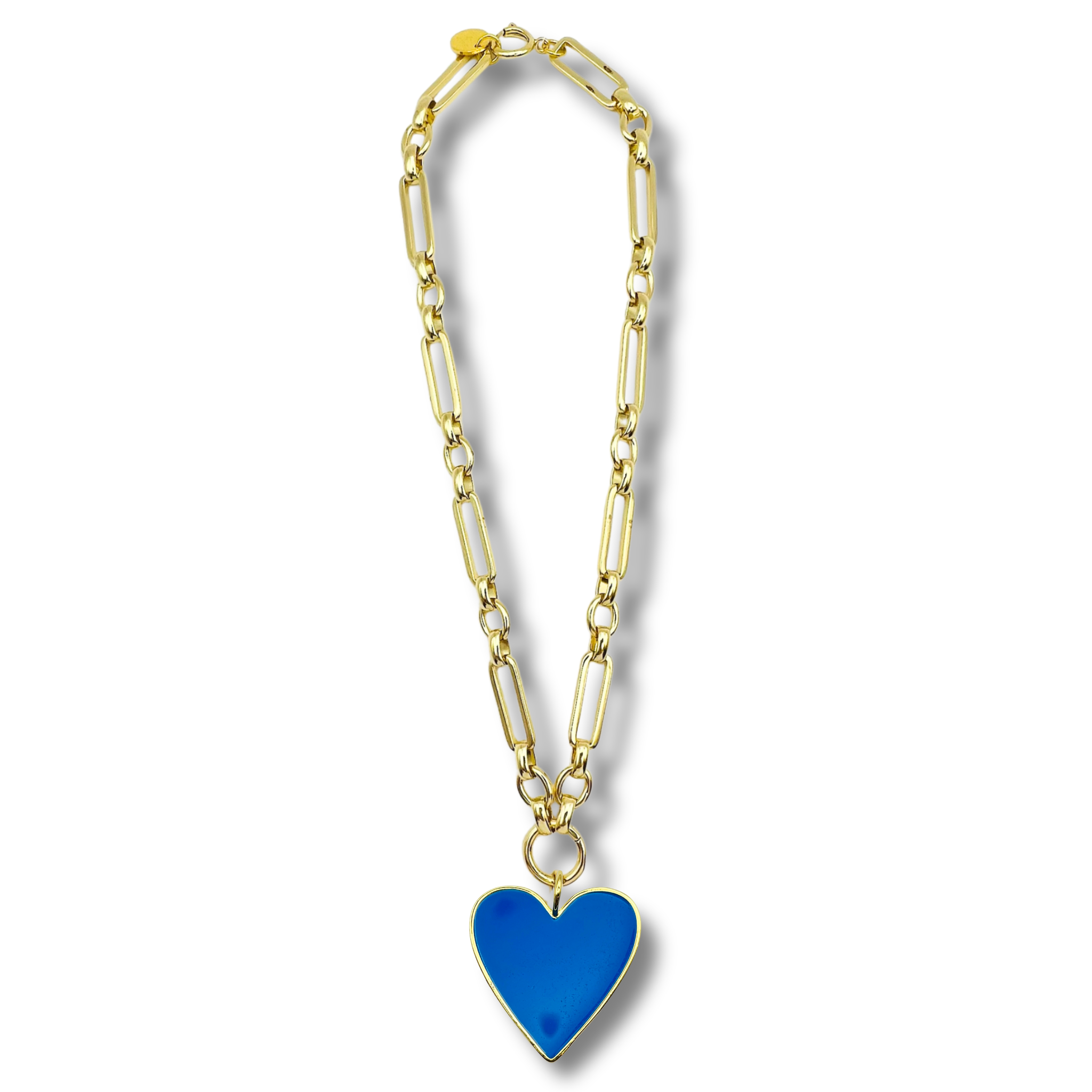 Azure blue chunky link chain necklace with large gold heart pendant by HOLST+LEE