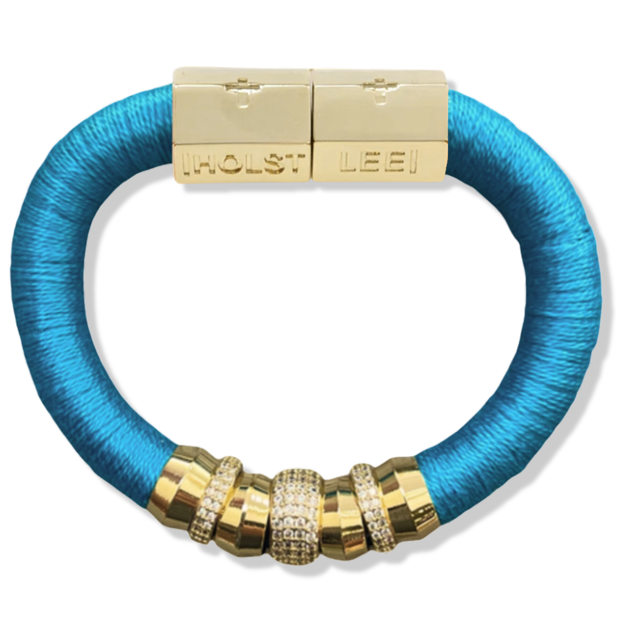 Azure blue thread wrapped bracelet with 18K gold-filled magnetic clasped bracelet and pavé crystal ferrule stack by HOLST+LEE