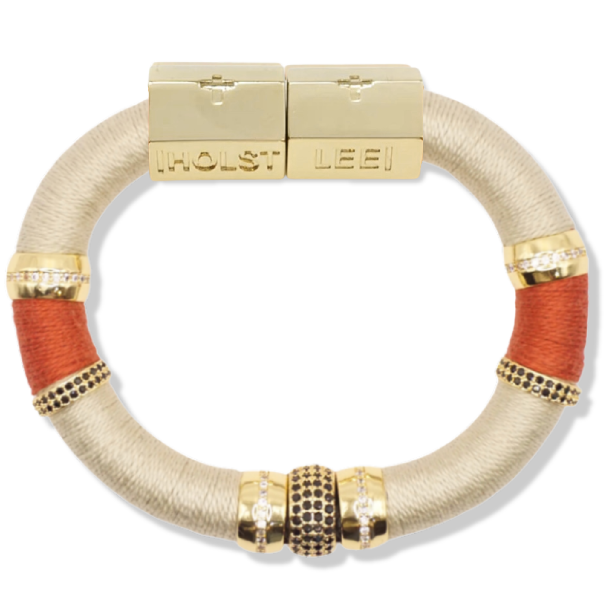 Cream and orange thread wrapped colorblock bracelet with pavé crystal ferrule stack and gold magnetic clasped bracelet by HOLST+LEE