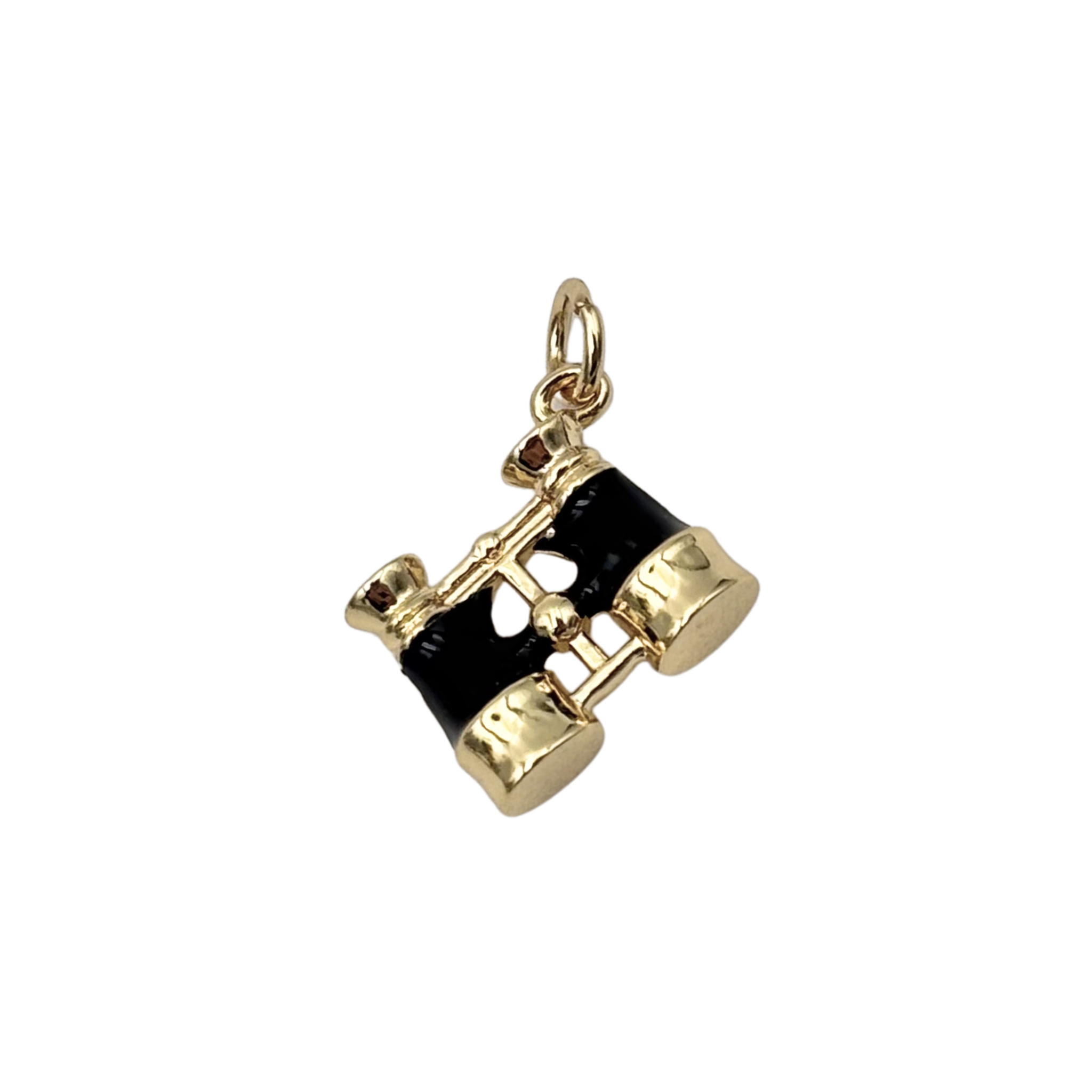 Gold and black enamel binoculars charm with dual barrels, gold bridge and trim by HOLST+LEE
