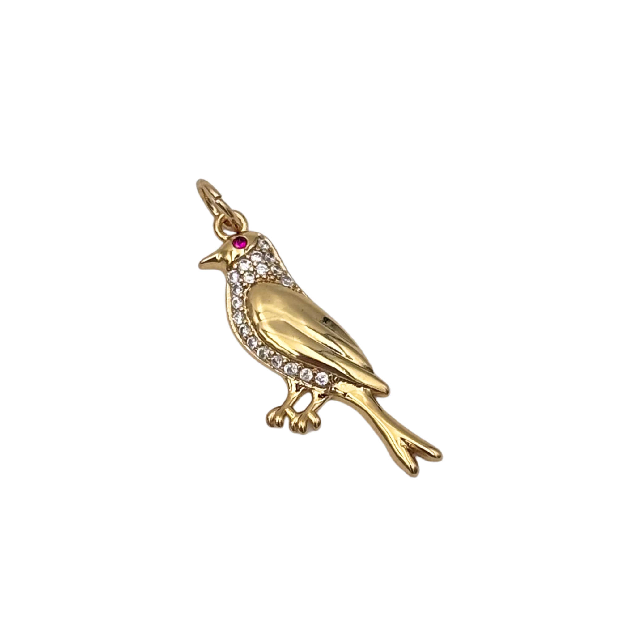 Gold bird charm with pave rhinestone body and ruby rhinestone eye by HOLST+LEE