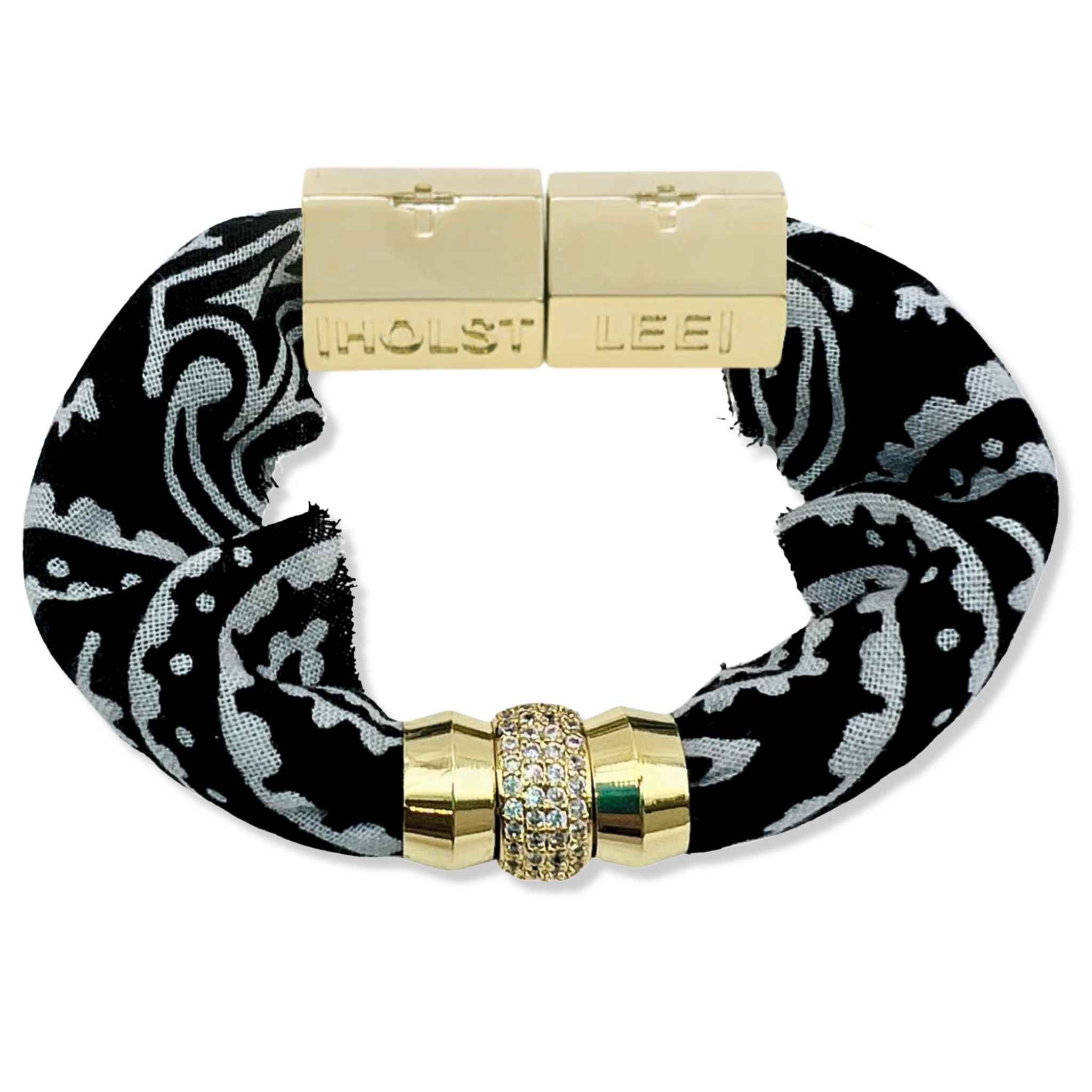 Black bandana print fabric bracelet with 18K gold-filled magnetic clasped bracelet and pavé crystal ferrule by HOLST+LEE