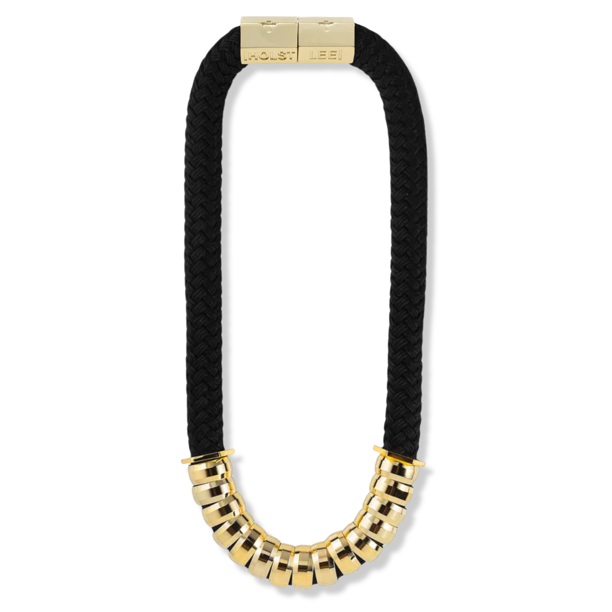 Black braided rope necklace with multicolor enamel and gold ferrule stack and gold magnetic clasped necklace by HOLST+LEE