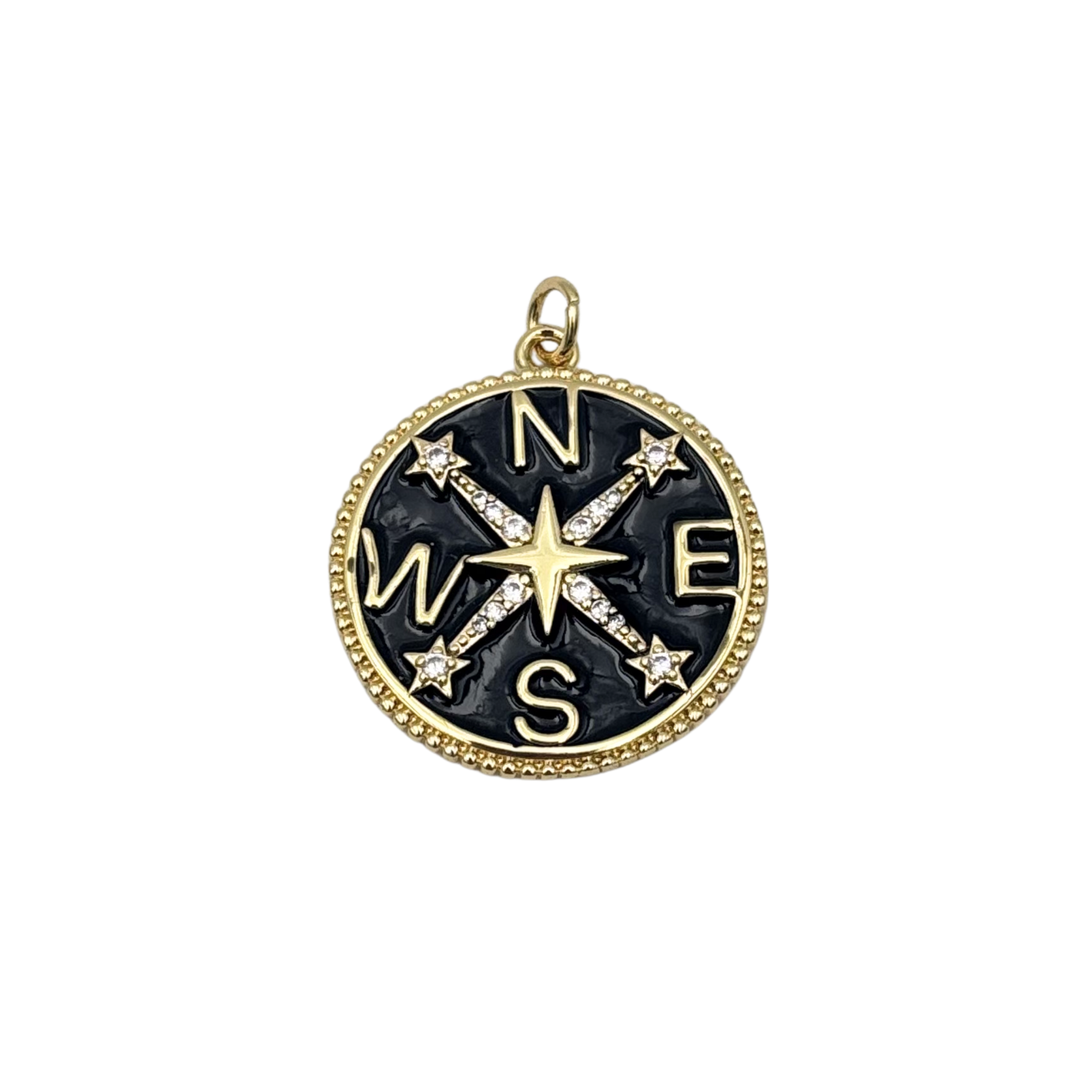 Black compass charm with diamond star points, cardinal directions by HOLST+LEE