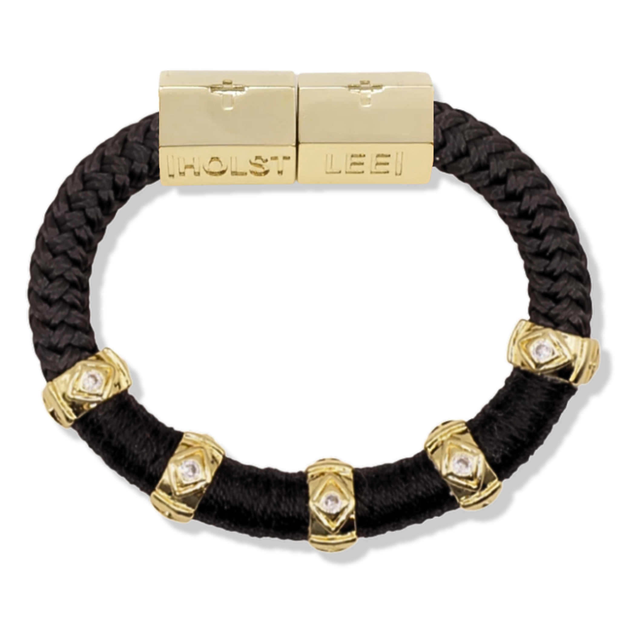Black braided rope bracelet with 18K gold-filled evil eye ferrule accents and gold magnetic clasped bracelet by HOLST+LEE