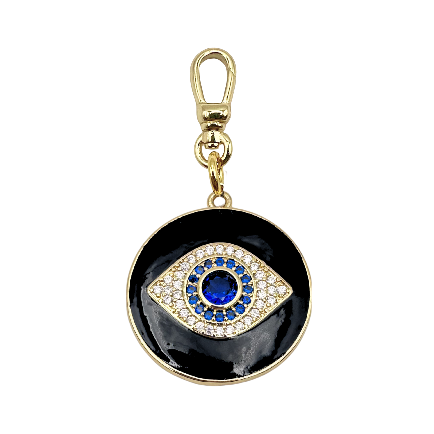 Black enamel evil eye charm with sapphire and pavé diamond concentric rings with gold charm clasp by HOLST+LEE
