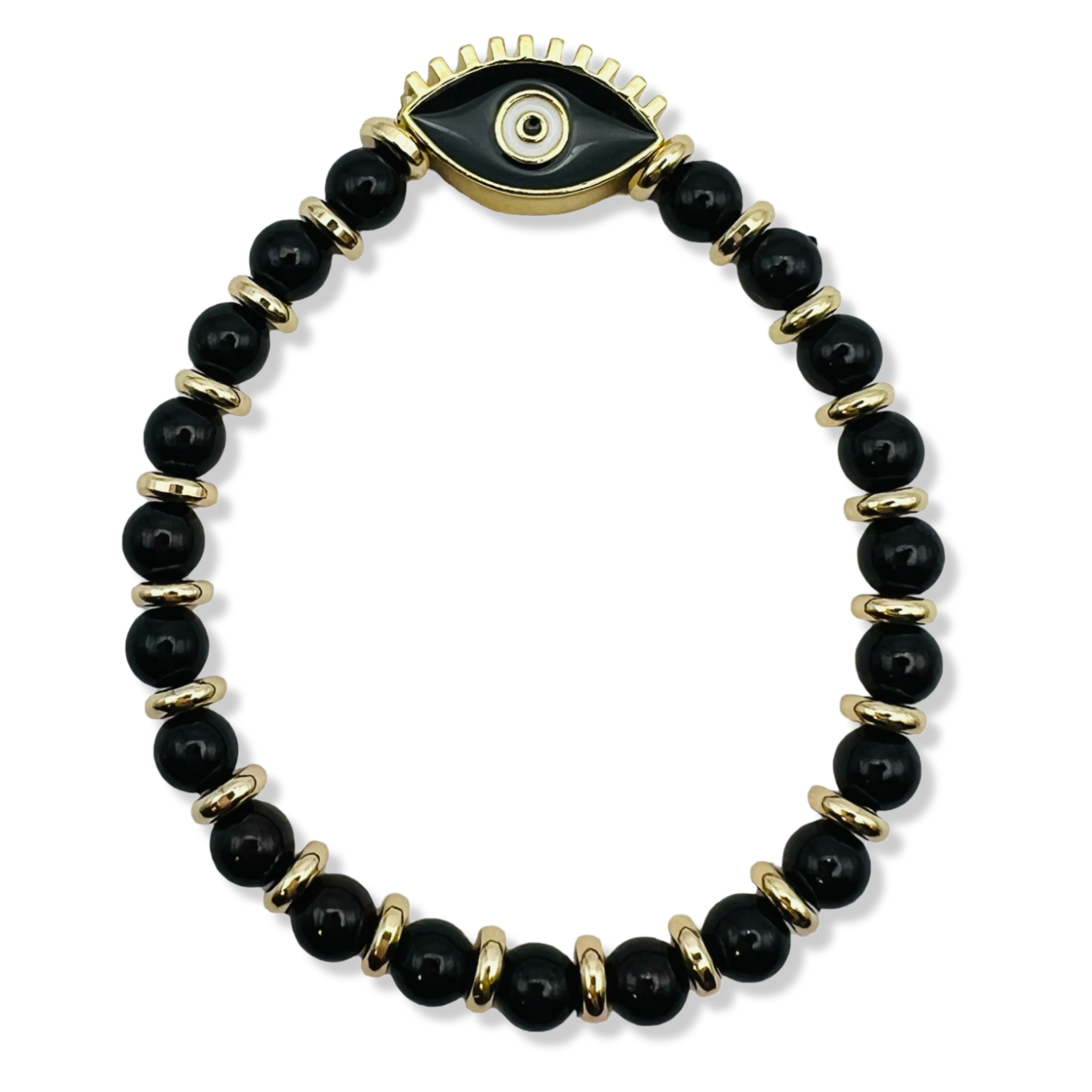 Black pearl and gold rondelle stretch bracelet with black enamel evil eye centerpiece by HOLST+LEE