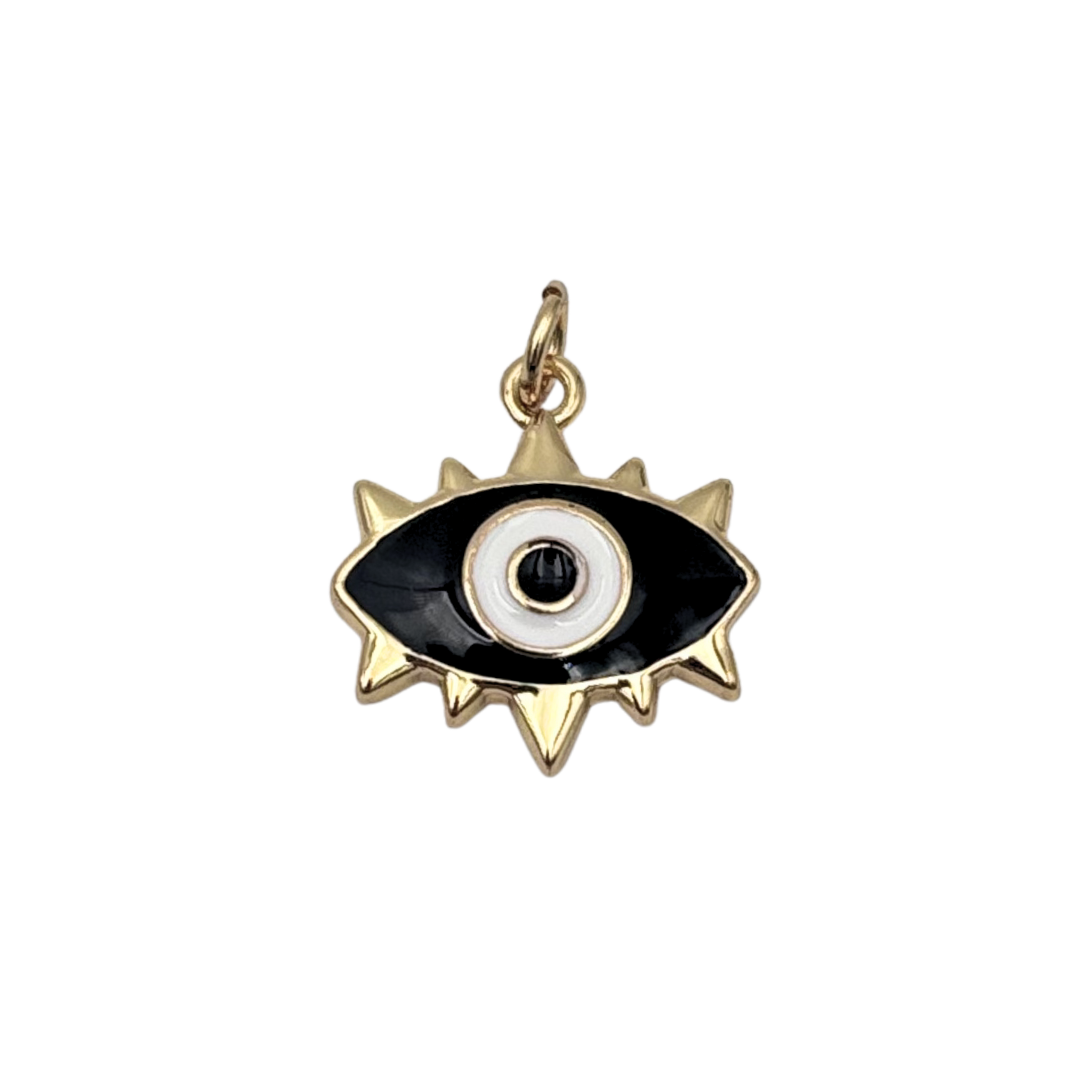 Black enamel evil eye charm with white iris, black pupil, and gold spike border by HOLST+LEE
