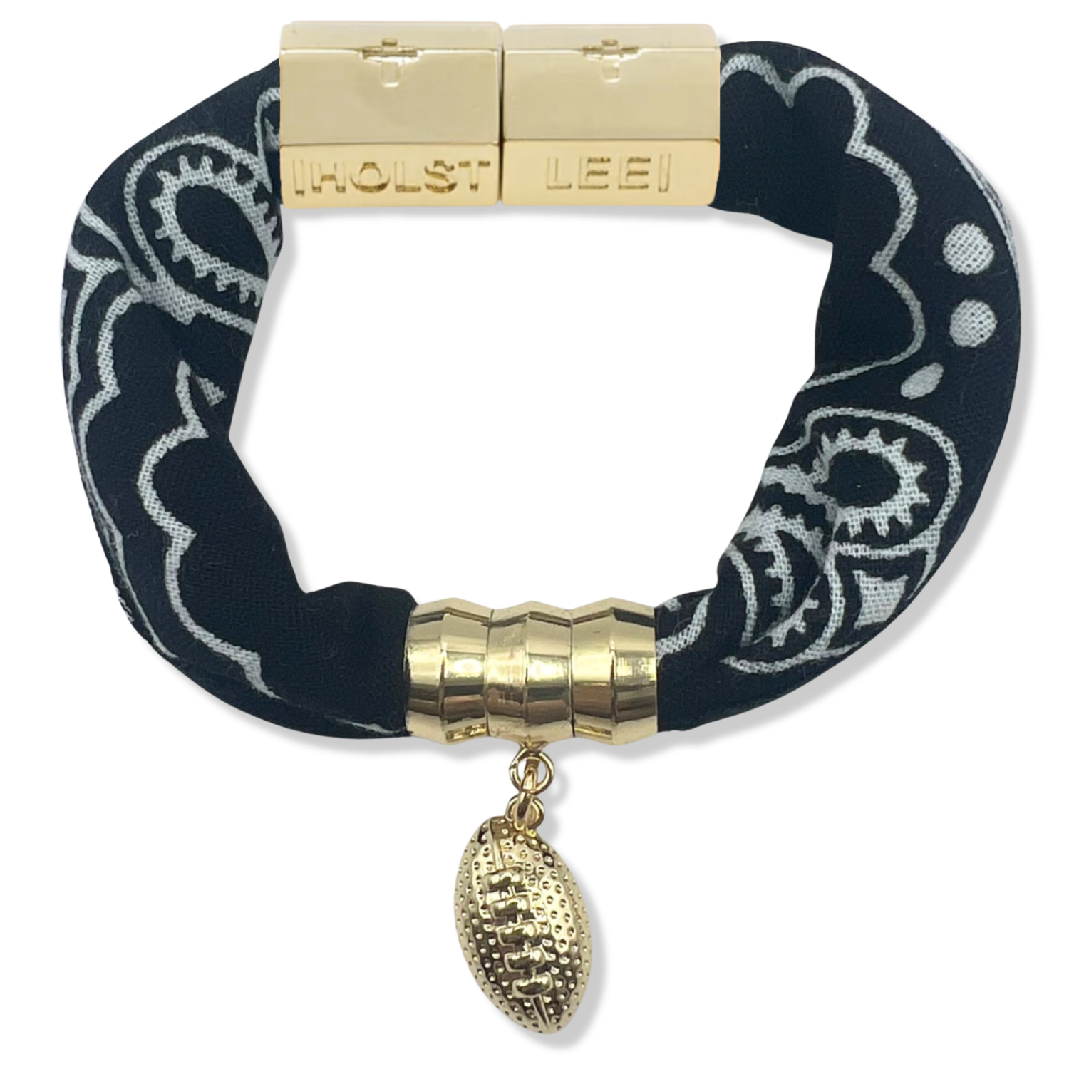 Black bandana print fabric bracelet with magnetic clasped bracelet, gold ferrule, and 18K gold-filled football charm by HOLST+LEE