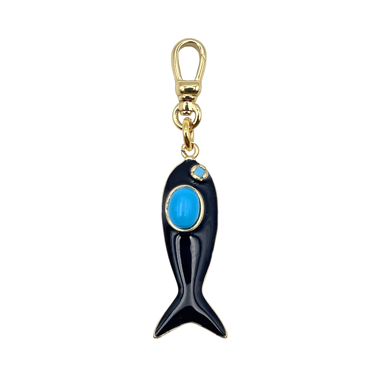 Black enamel fish charm with a large oval turquoise gem body and gold accent details with a charm clip by HOLST+LEE