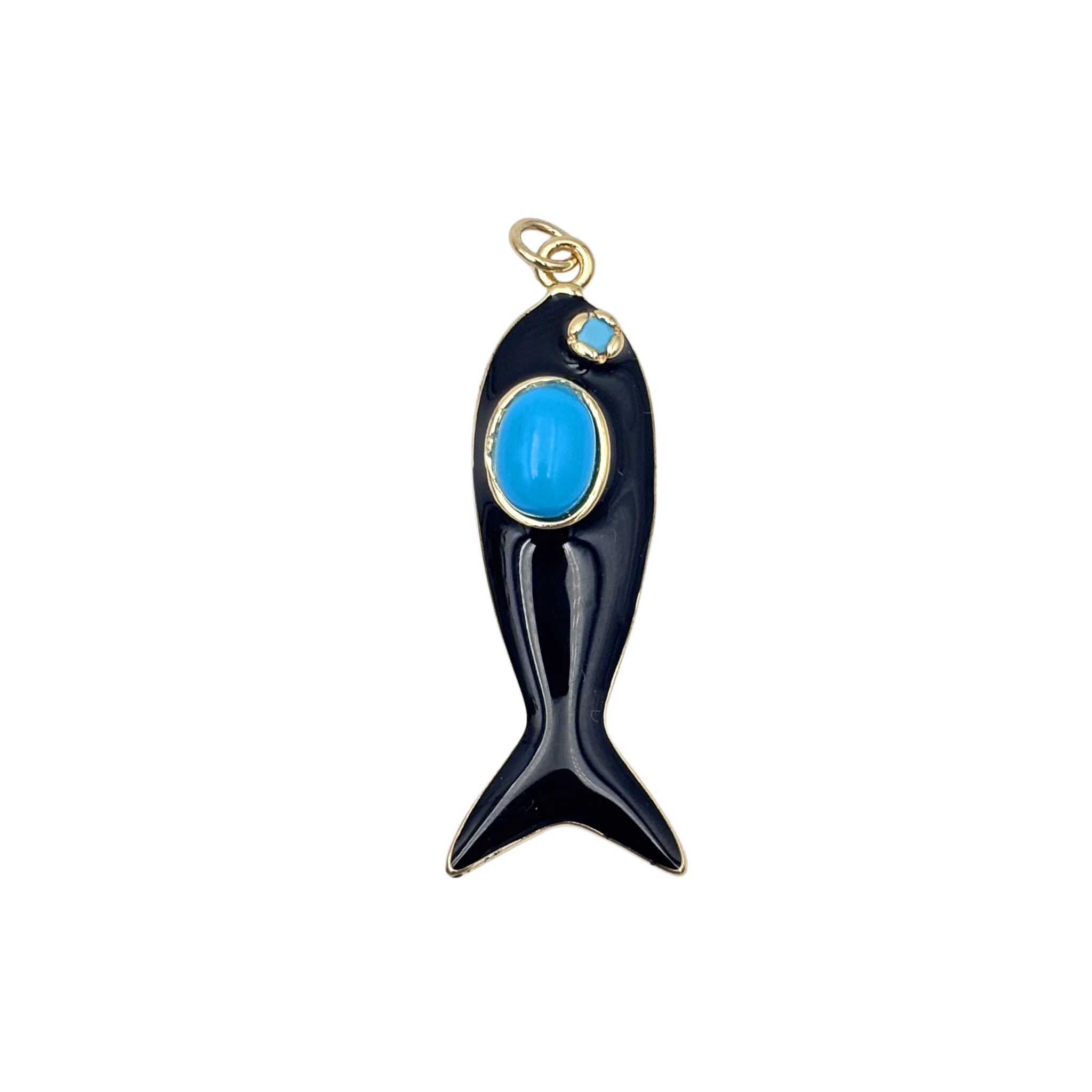 Black enamel fish pendant with a large oval turquoise gem body and gold accent details  by HOLST+LEE