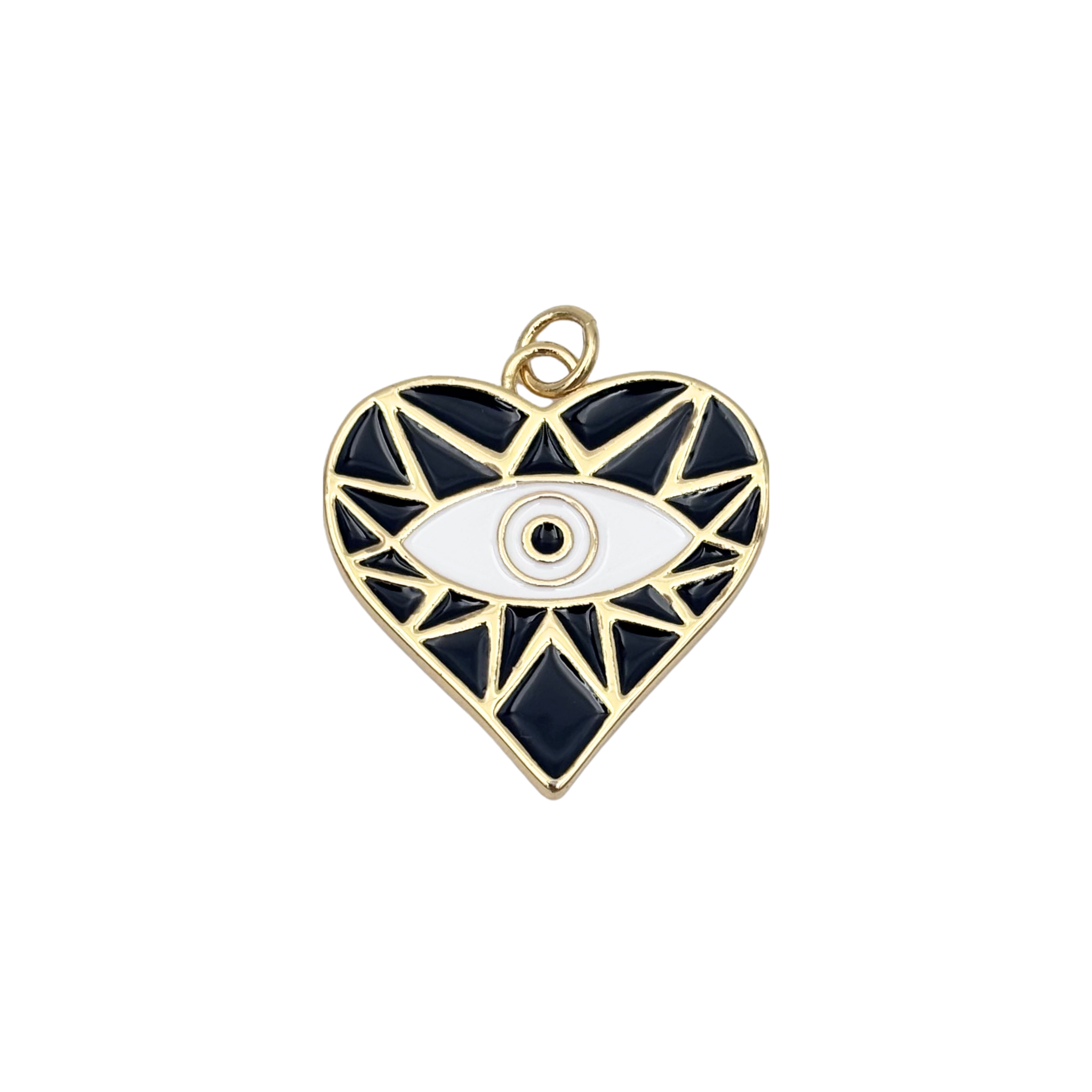 Gold-rimmed black geometric enamel heart charm with central white evil eye motif