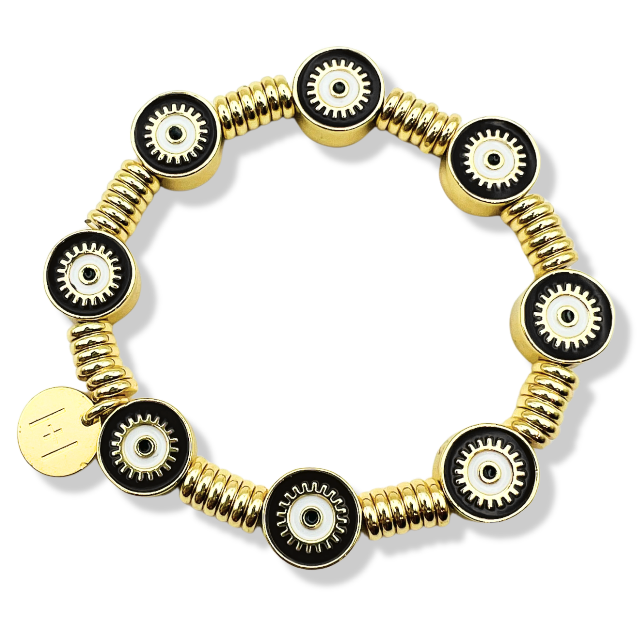 White and gold evil eye bracelet with black enamel eye beads, gold rondelle spacers by HOLST LEE