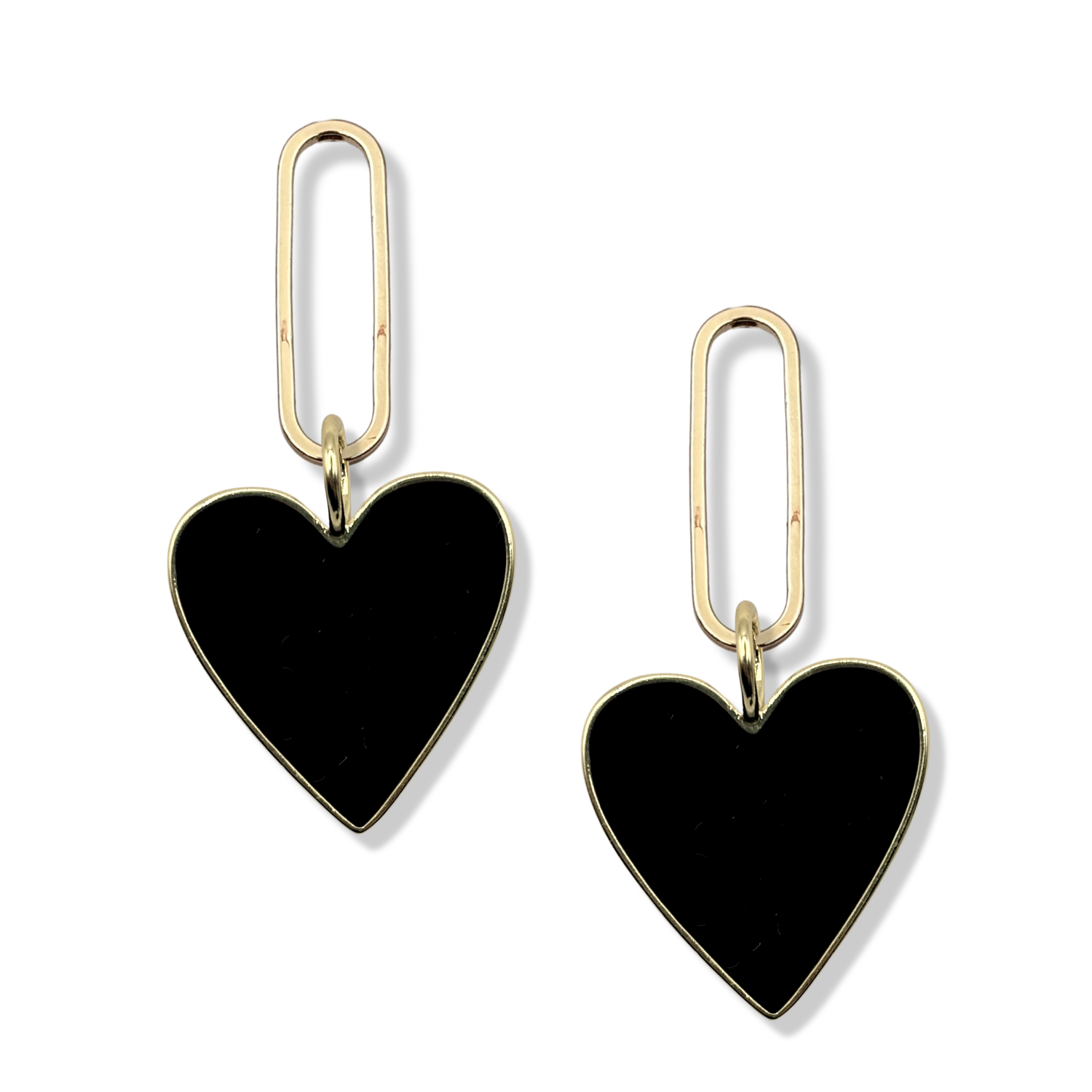 Black enamel heart dangle earrings with gold paperclip oval link topper by HOLST+LEE